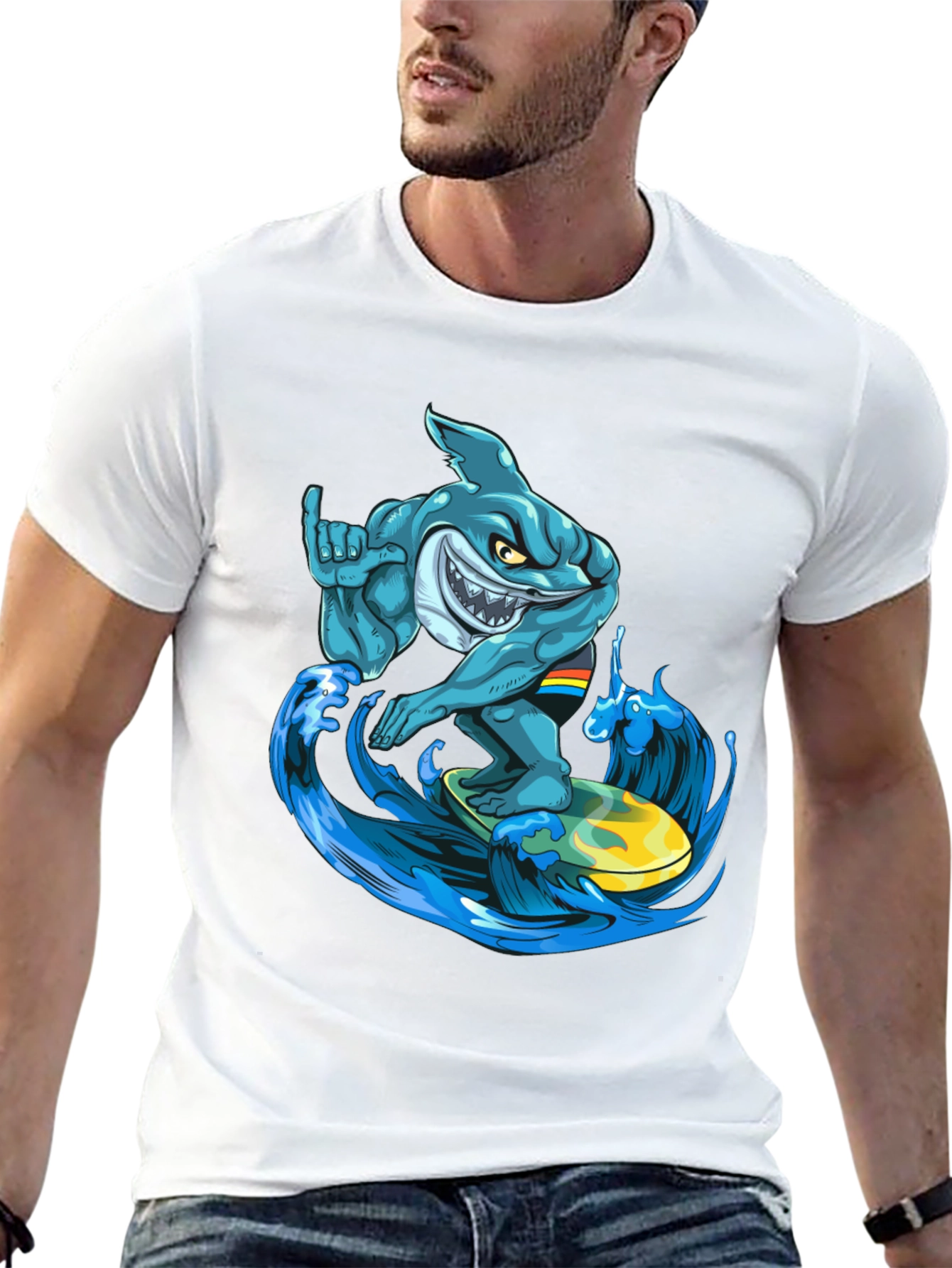 Black Surfing Shark Graphic T-Shirt - Cool Cartoon Design view 13