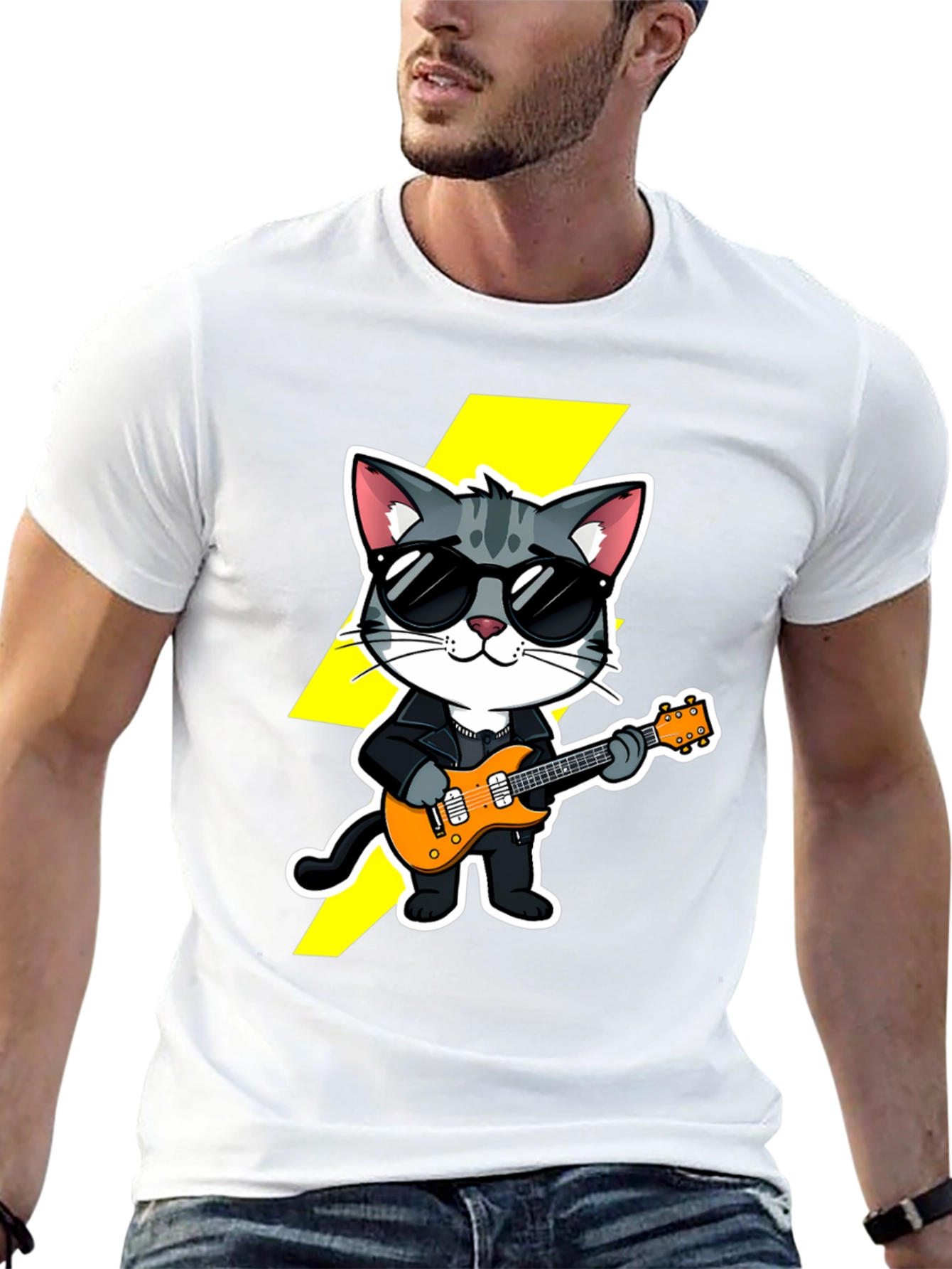 Black Rockstar Cat T-Shirt - Cool Cat with Guitar view 13