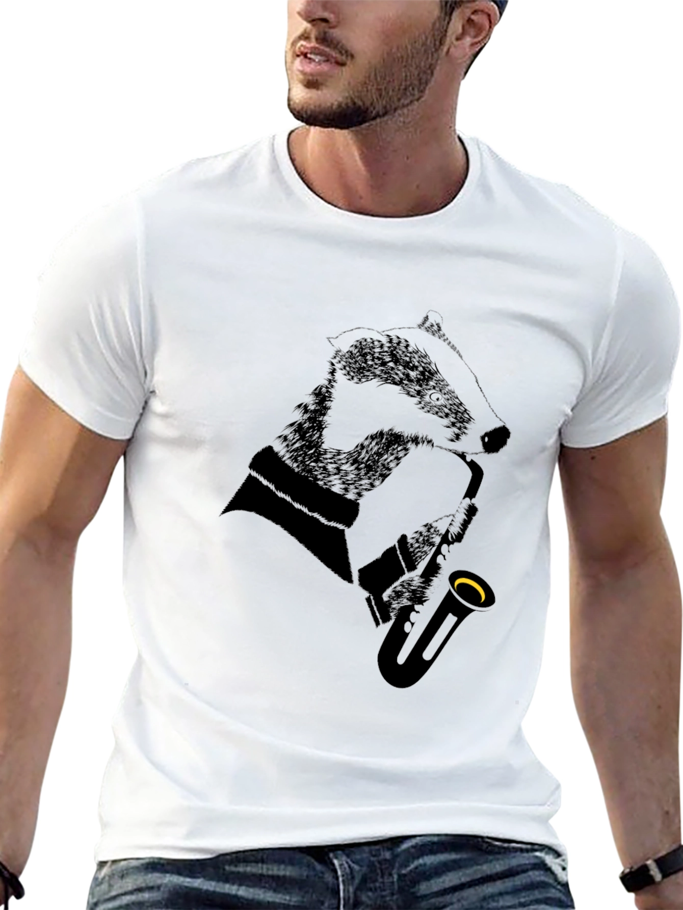 Black Jazz Badger Black T-Shirt - Cool Animal Saxophone Design view 13