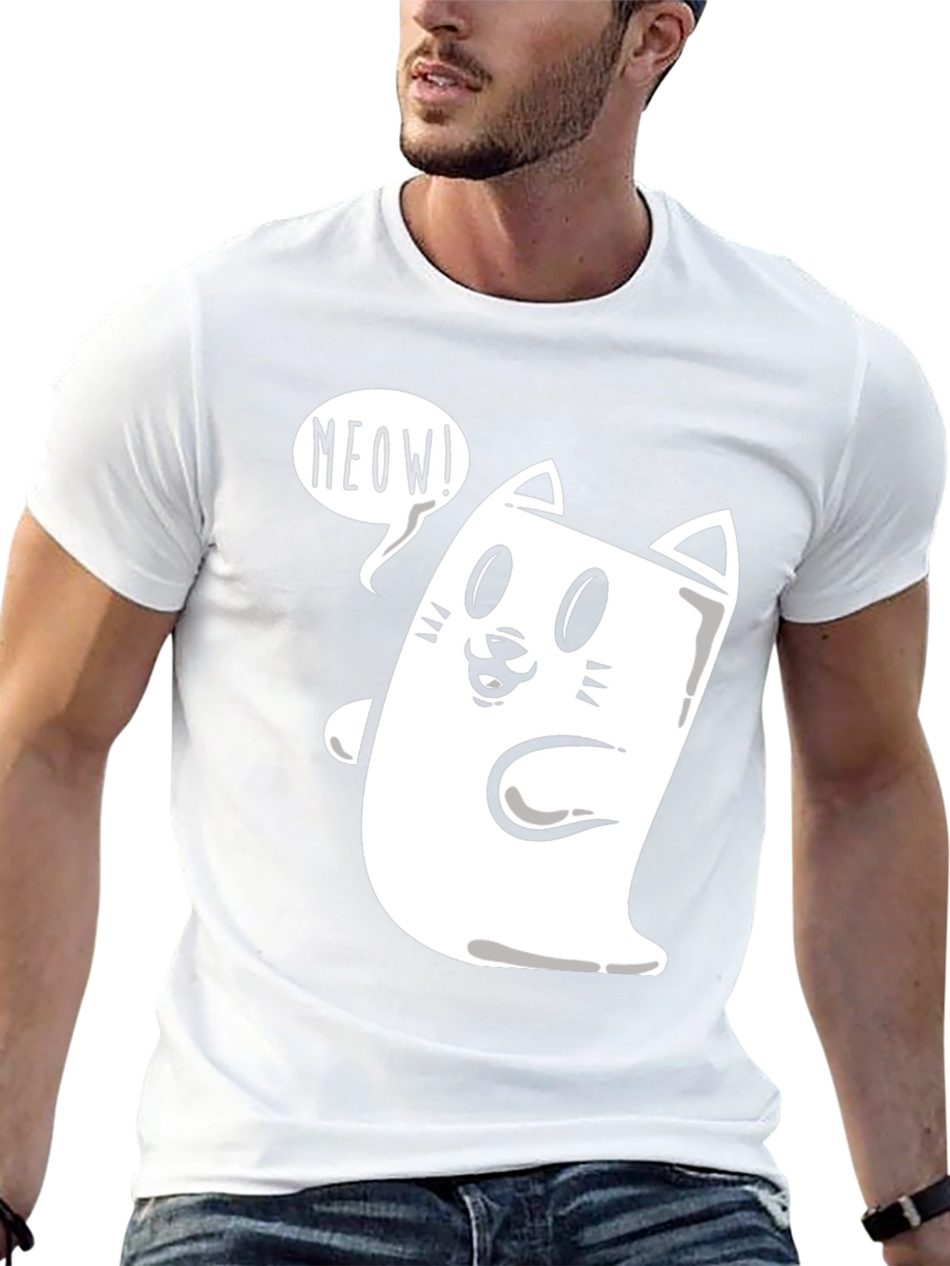 Black Meow Cat Graphic Tee - Funny Cartoon T-Shirt view 13