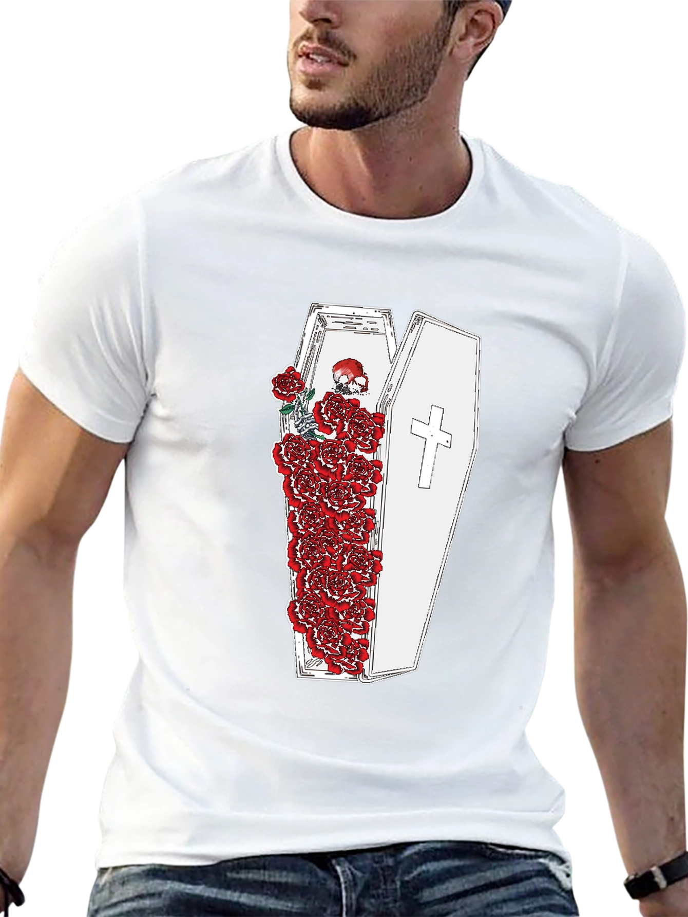 Black Gothic Coffin and Roses Graphic T-Shirt view 13