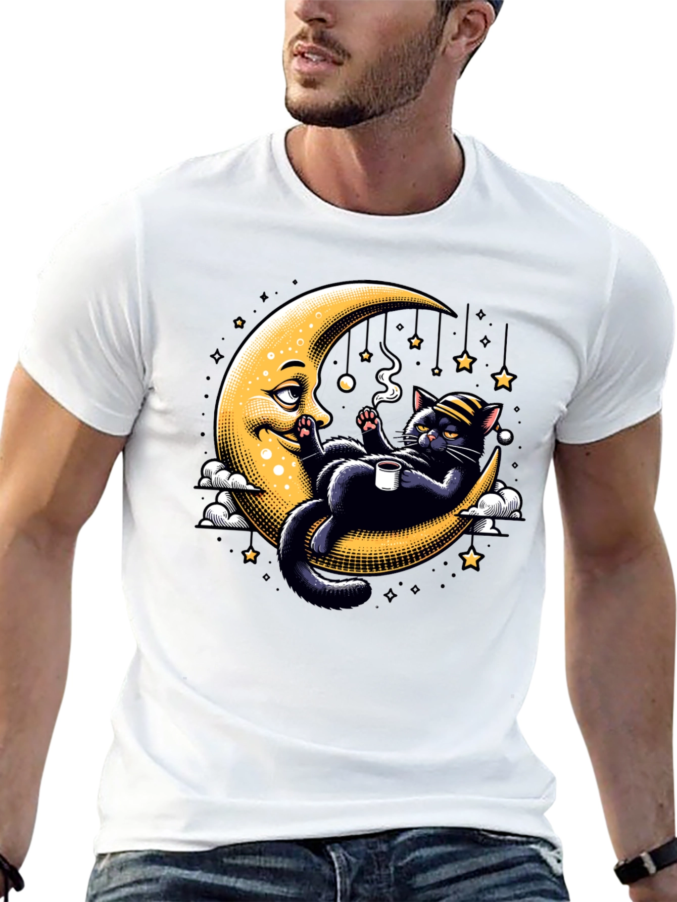 Black Cool Cat on Moon T-Shirt view 13