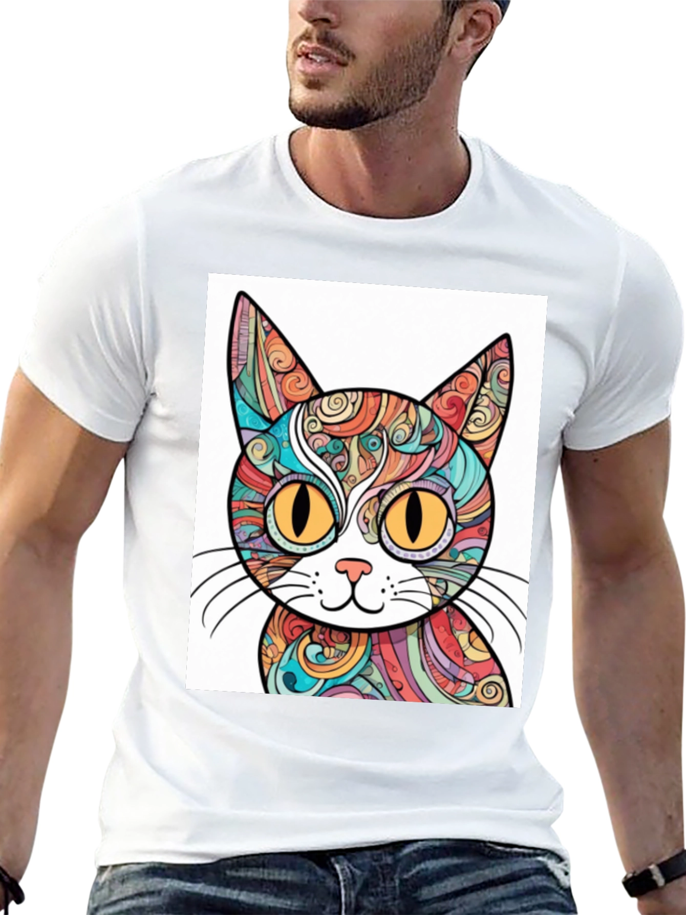 Black Colorful Cat Graphic T-Shirt - Unique Design view 13