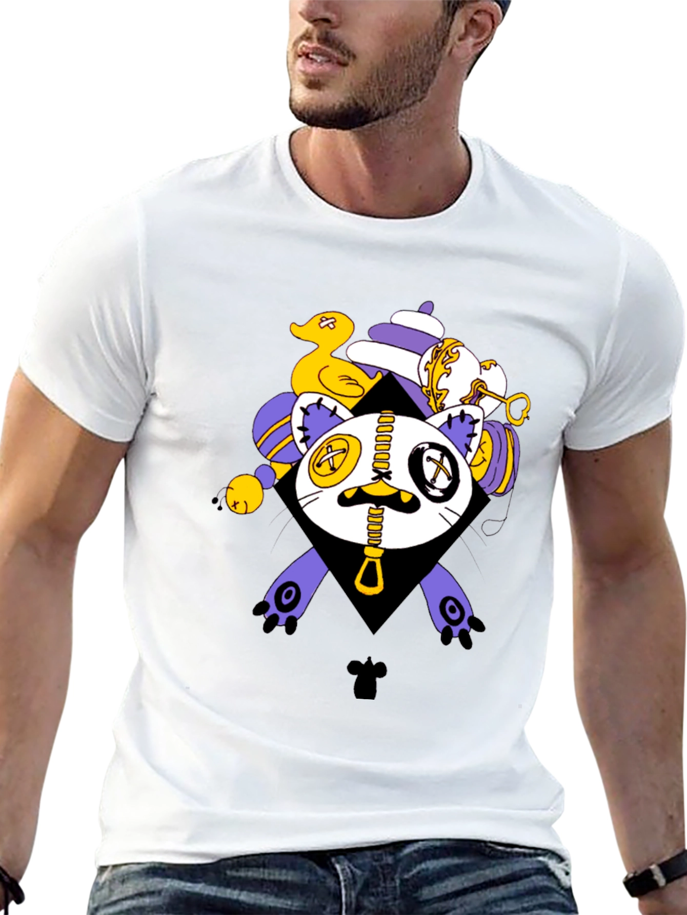 Black Men's Black T-Shirt with Cute Monster Graphic view 13