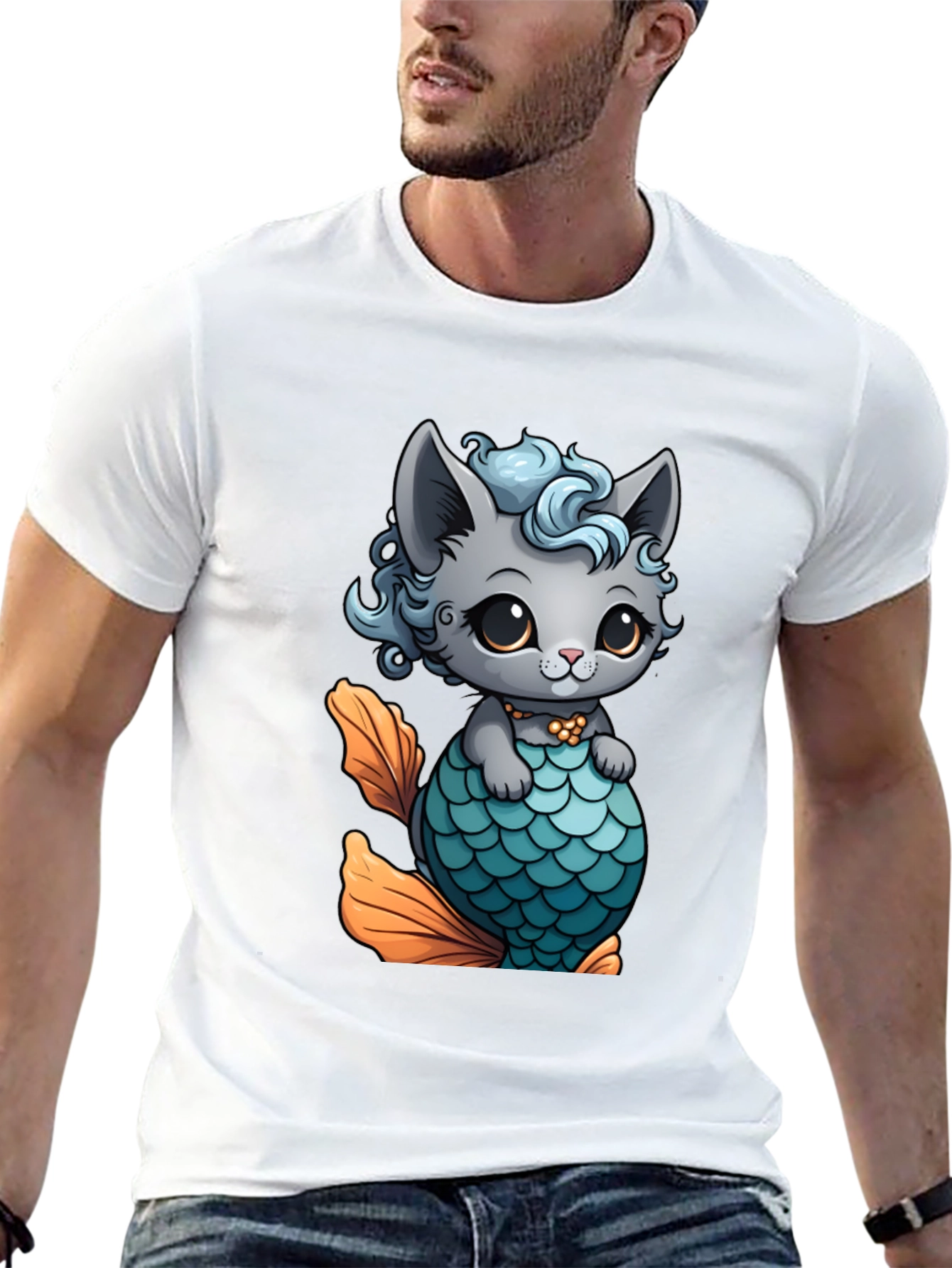 Black Cute Cat Mermaid T-Shirt - Unique Graphic Tee view 13