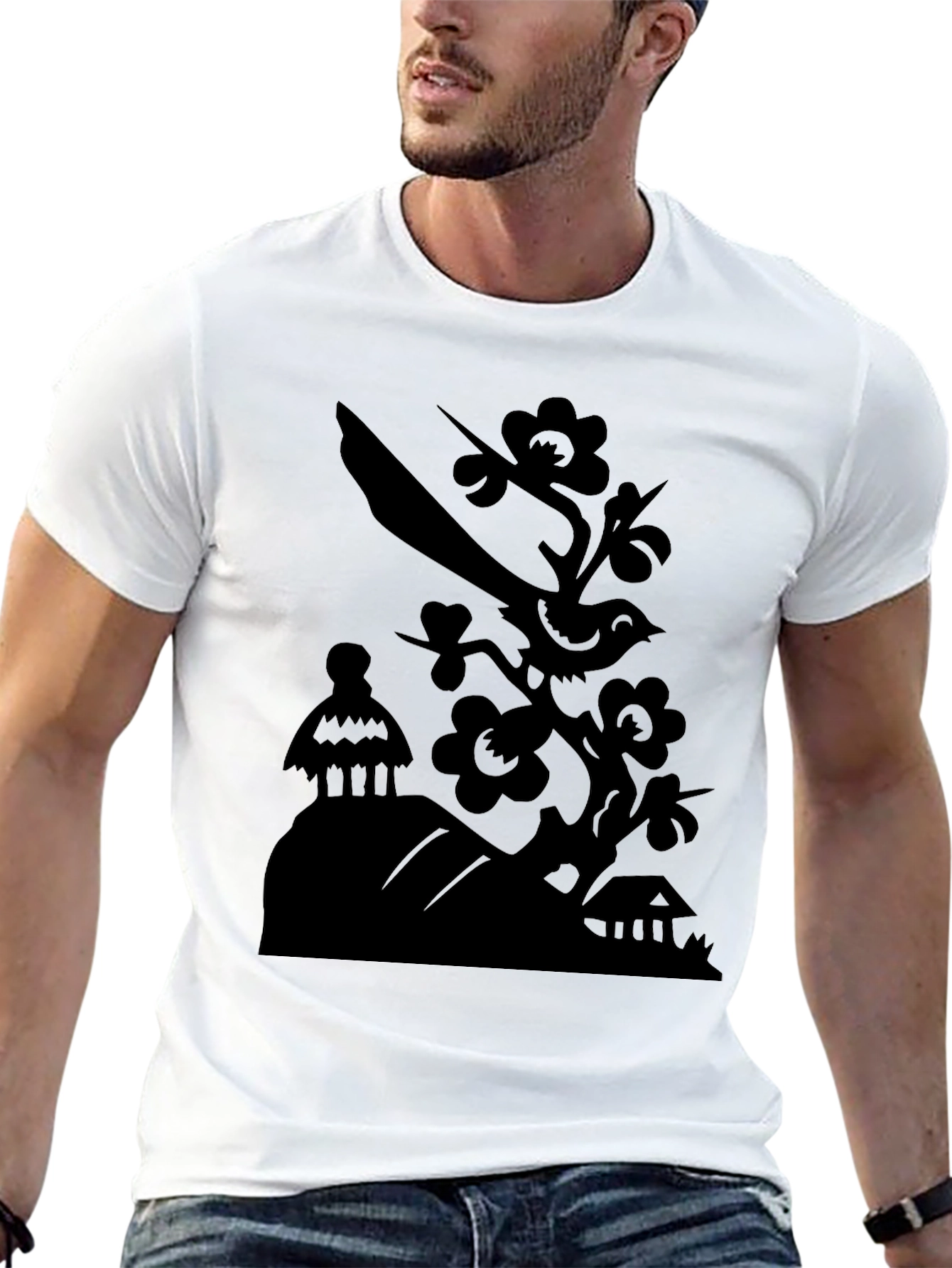 Black Bird on Branch Graphic Tee - Modern Black T-Shirt view 13