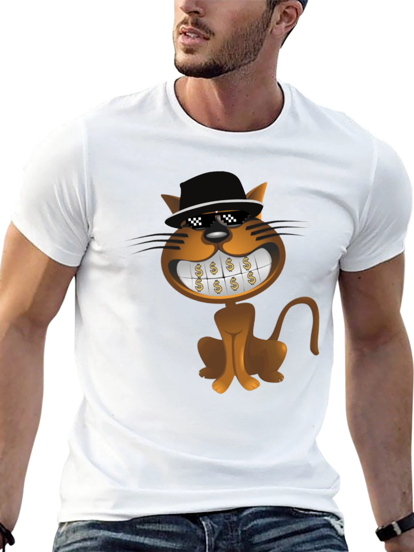 Black Cartoon Cat T-Shirt: Funny Design, Black Tee view 13