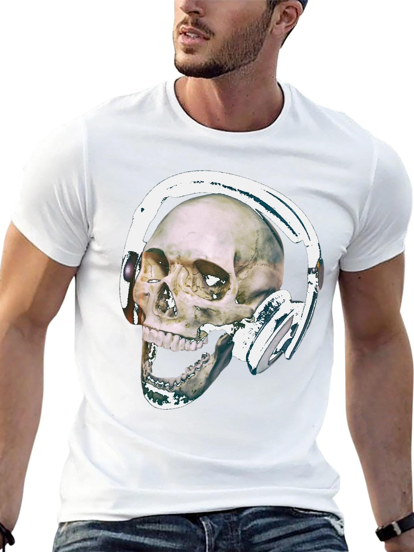 Black Skull With Headphones Graphic Tee - Black Cotton view 13