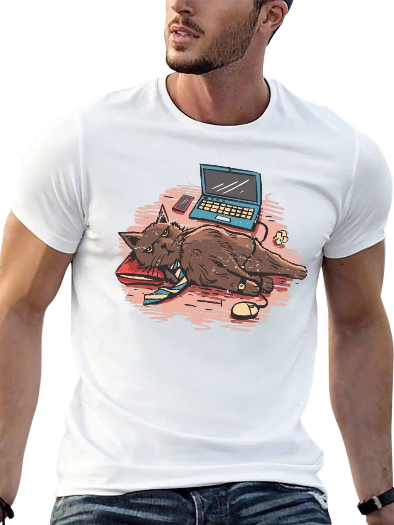 Black Work From Home Cat T-Shirt view 13