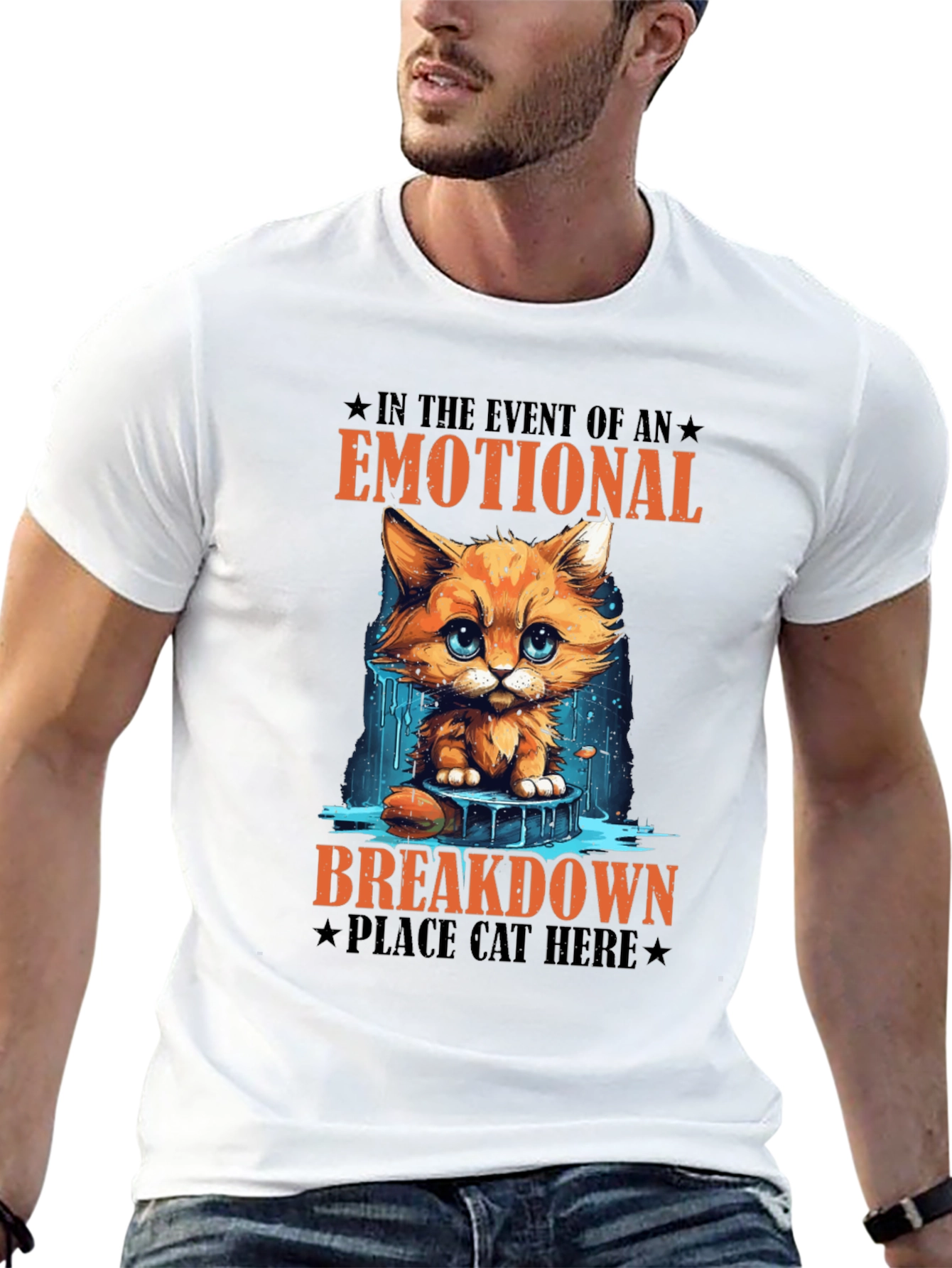 Black Emotional Breakdown Cat T-Shirt - Funny Graphic Tee view 13