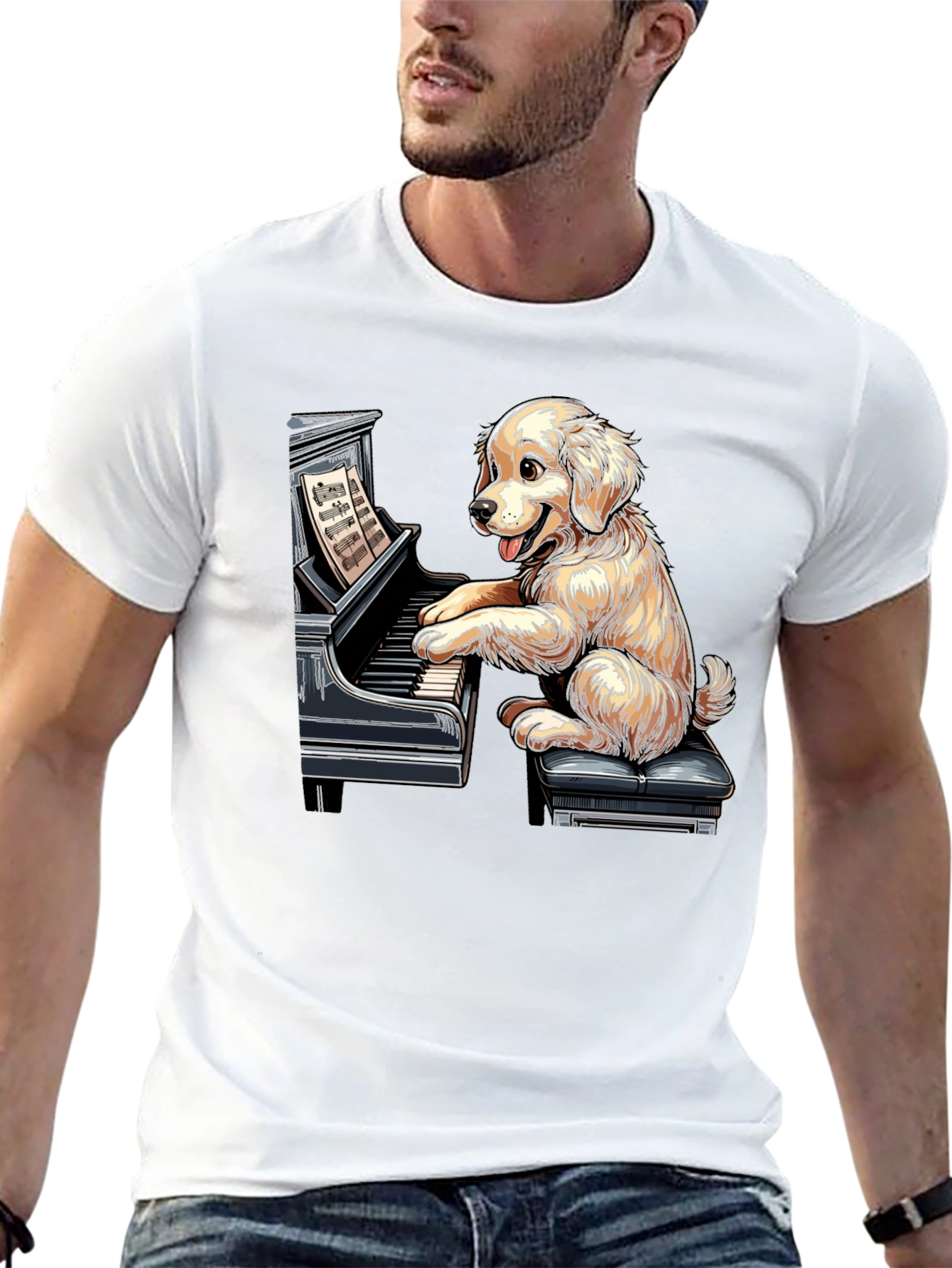 Black Dog Playing Piano Graphic Tee - Unisex Black T-Shirt view 13