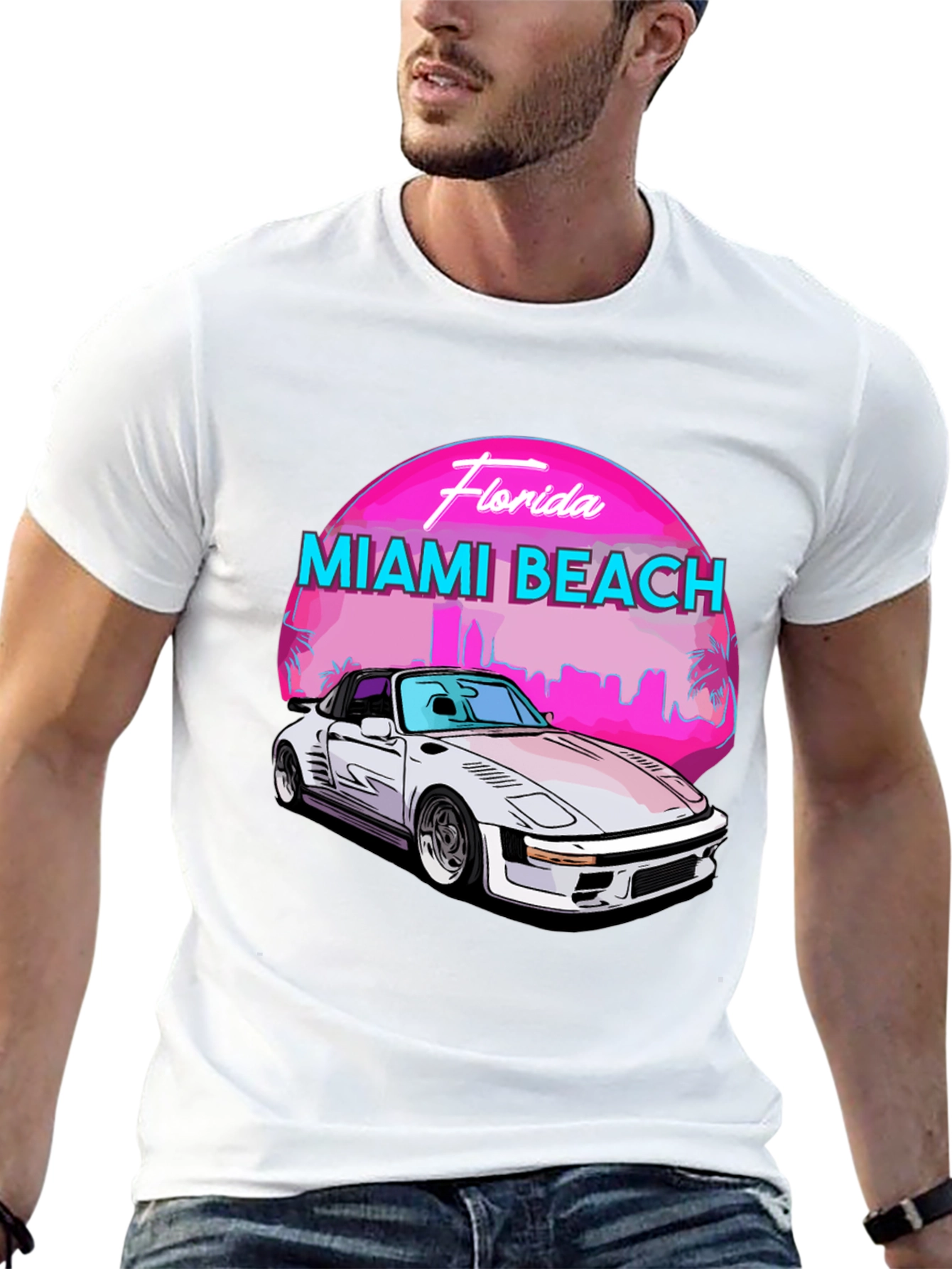 Black Miami Beach Florida T-Shirt - Retro Car Design view 13