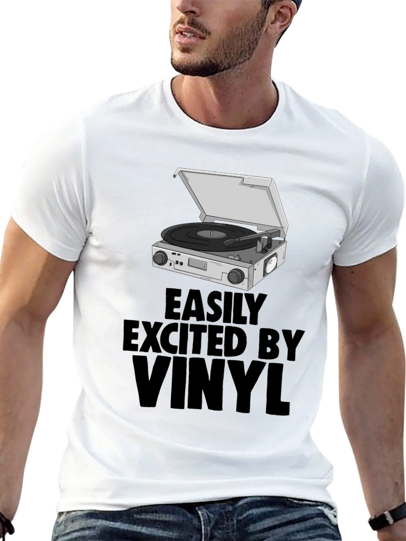 Black Vinyl Record Player T-Shirt - Easily Excited view 13
