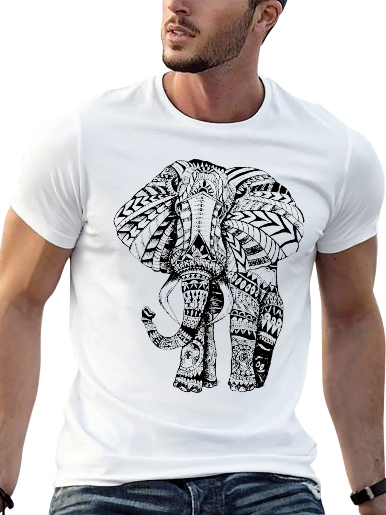 Black Tribal Elephant Print Black Tee Shirt view 13