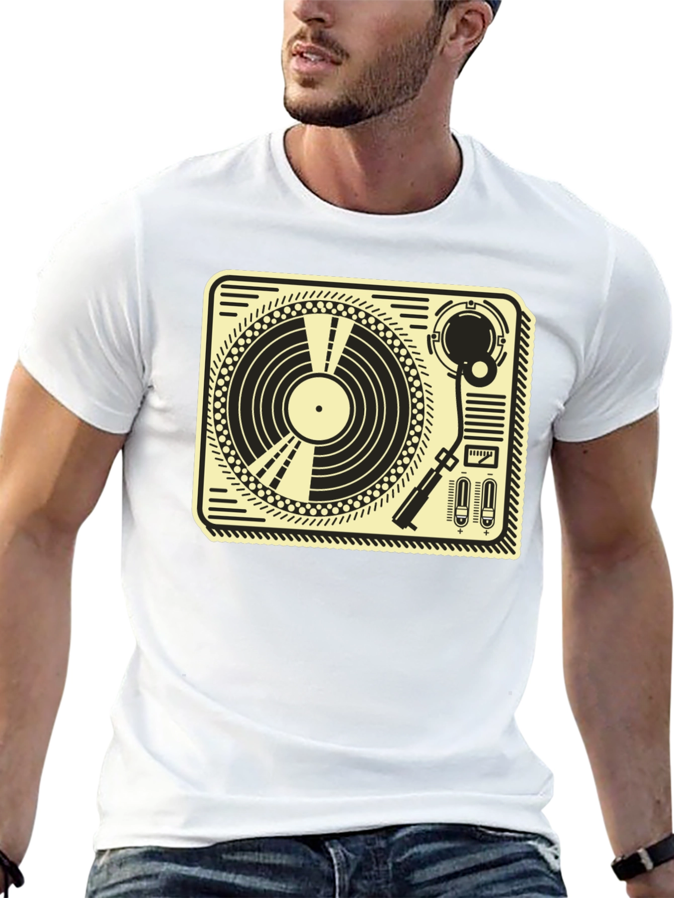 Black Retro Turntable Graphic Tee - Black Cotton T-Shirt view 13