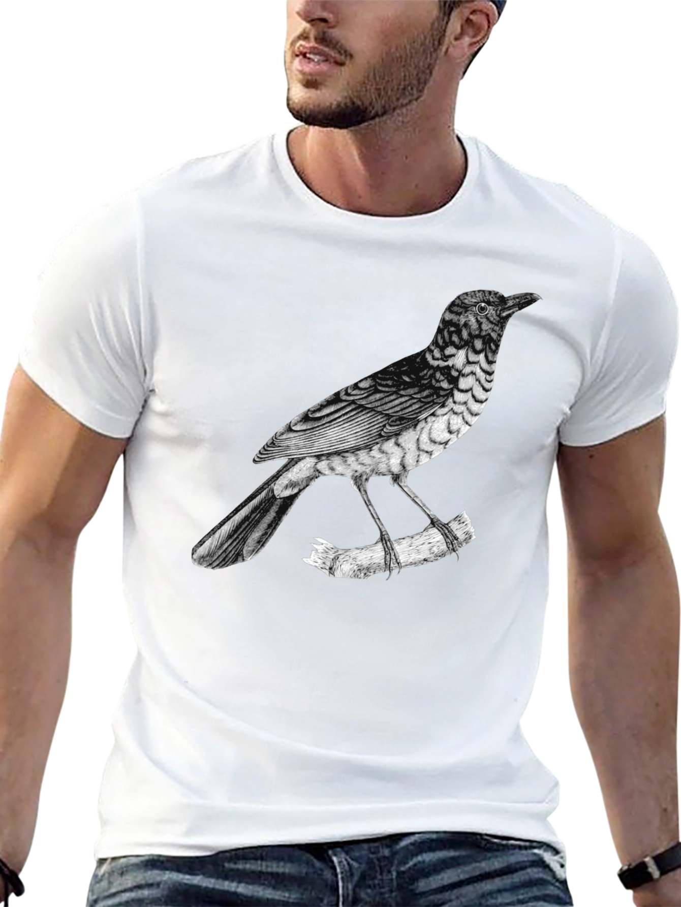 Black Men's Bird Print Black T-Shirt view 13