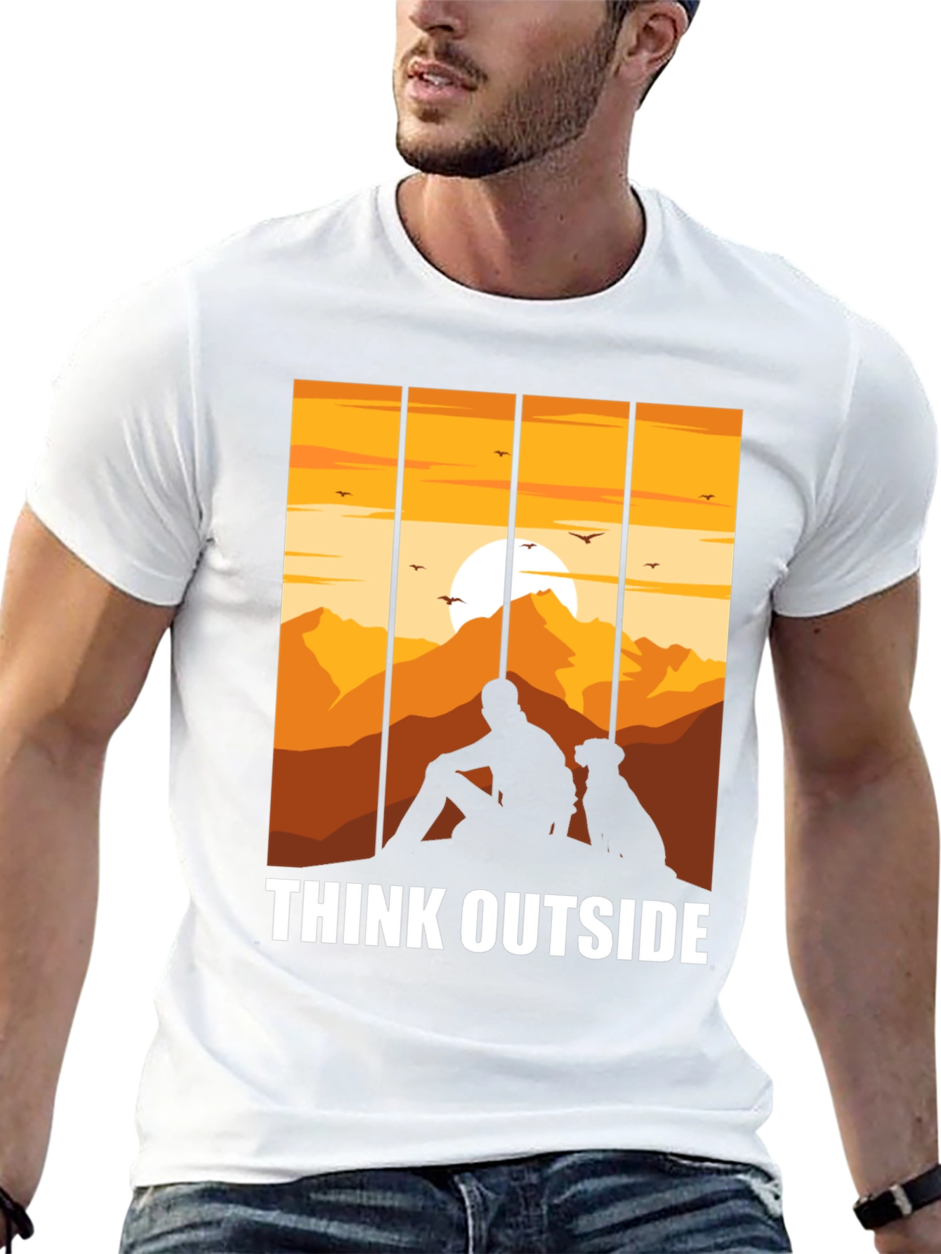 Black Think Outside Black T-Shirt, Man and Dog Sunset Graphic Tee view 13