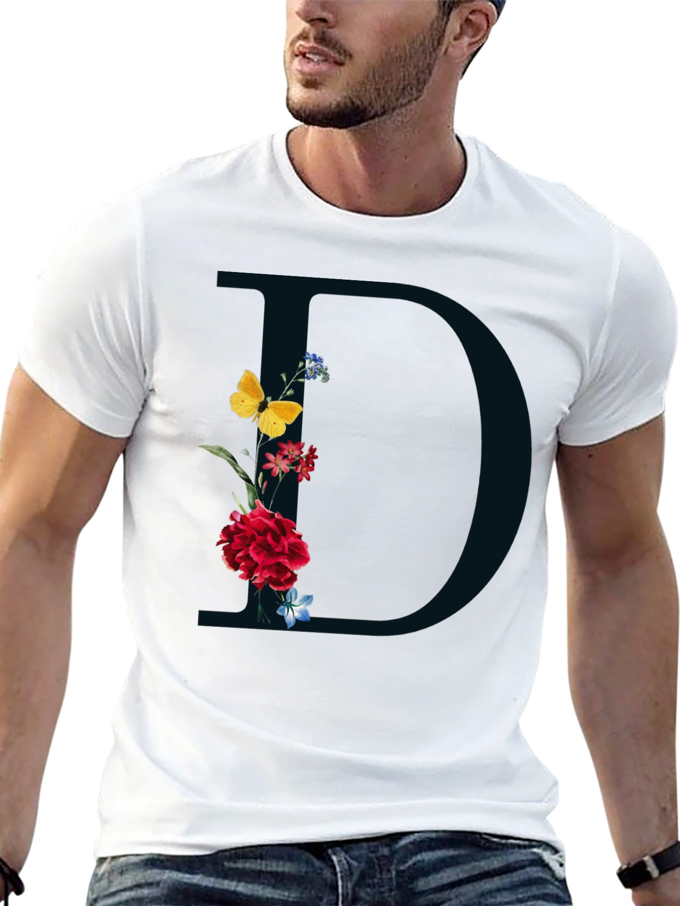 Black Floral Initial 'D' Graphic Tee - Elegant Design view 13