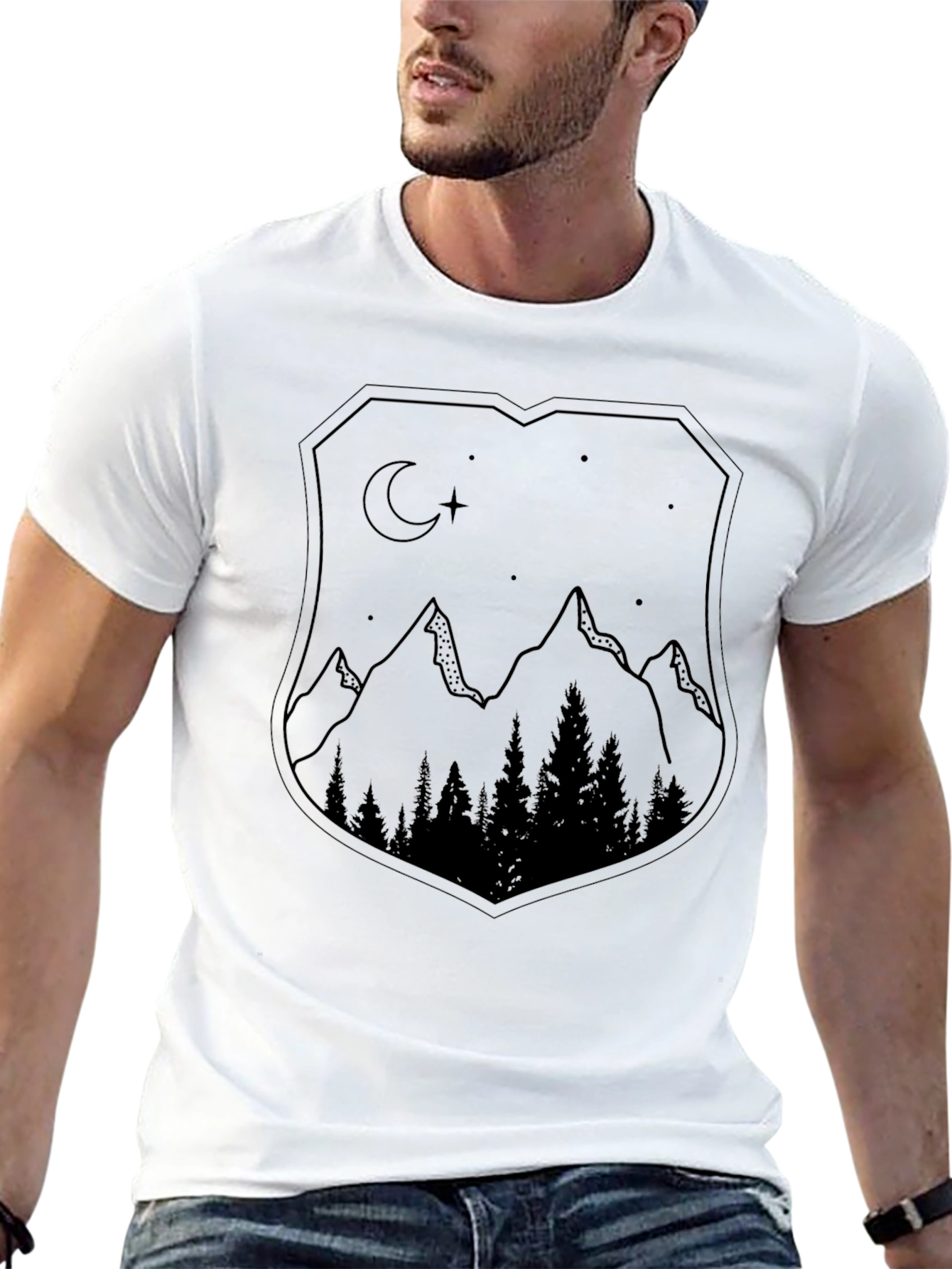 Black Mountain Night Scene Graphic Tee - Black Unisex Shirt view 13