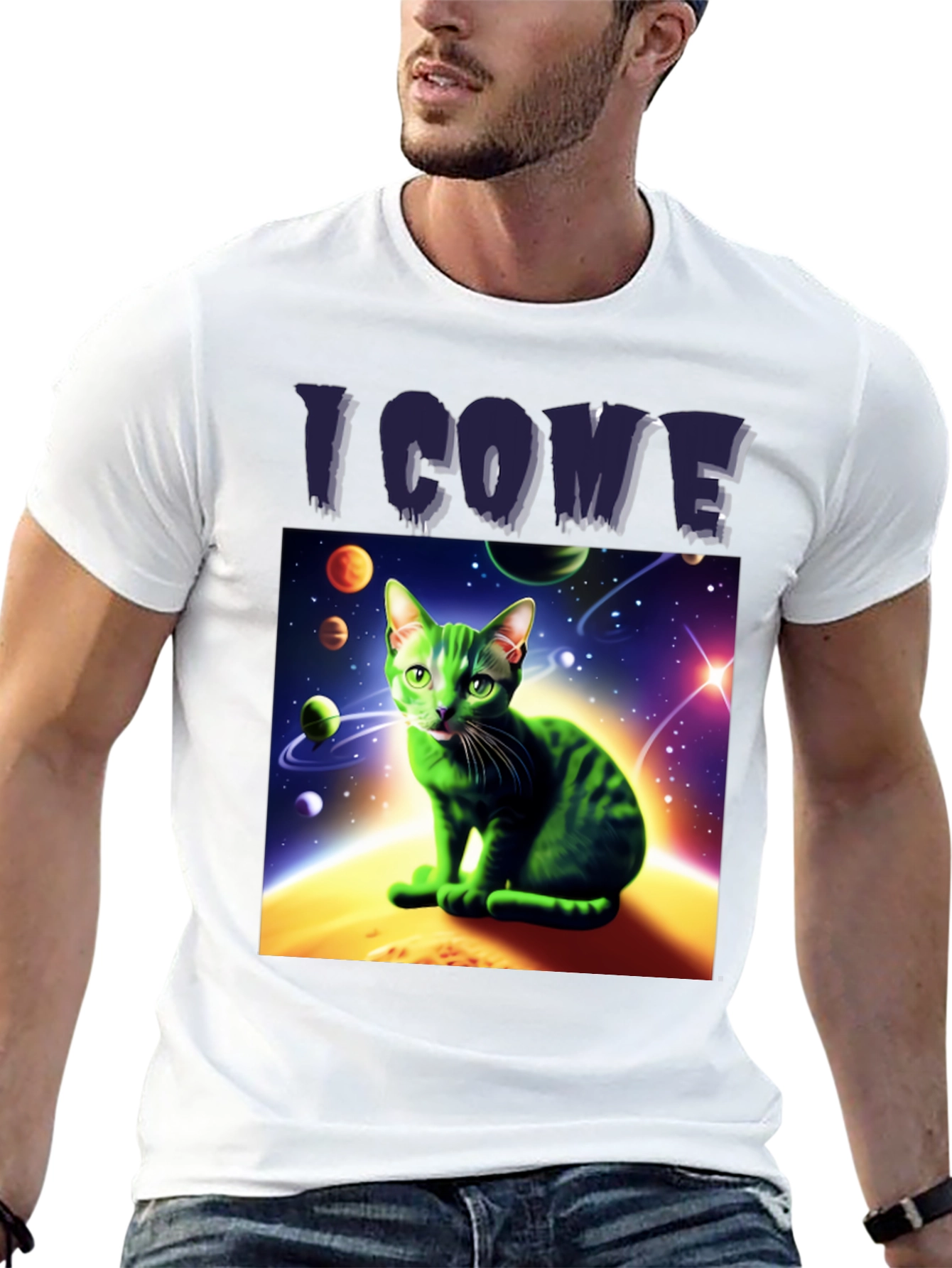Black I Come In Peace Cat T-Shirt - Space Alien Green Kitty Tee view 13