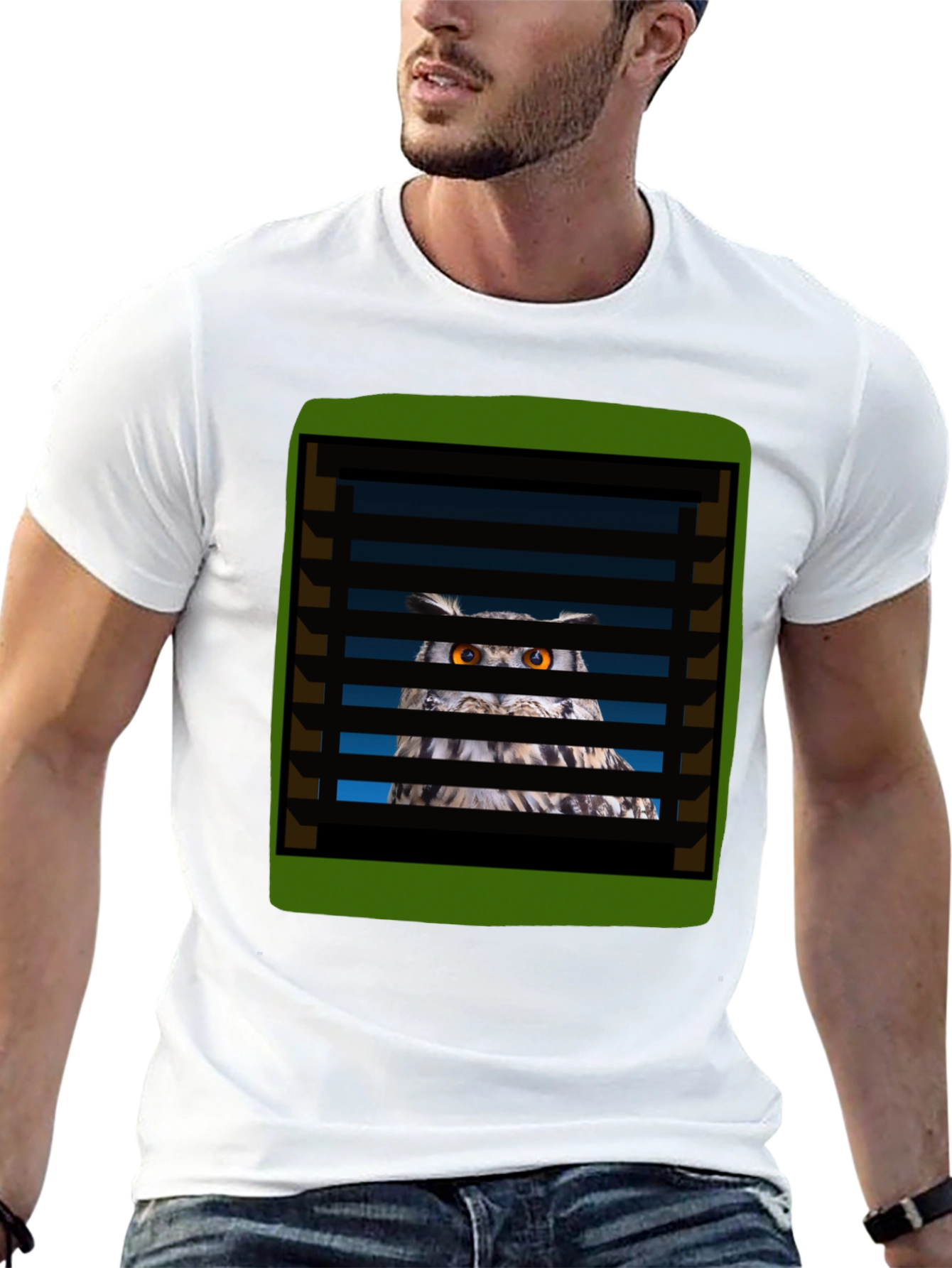 Black Owl Peeking Through Blinds Graphic T-Shirt view 13