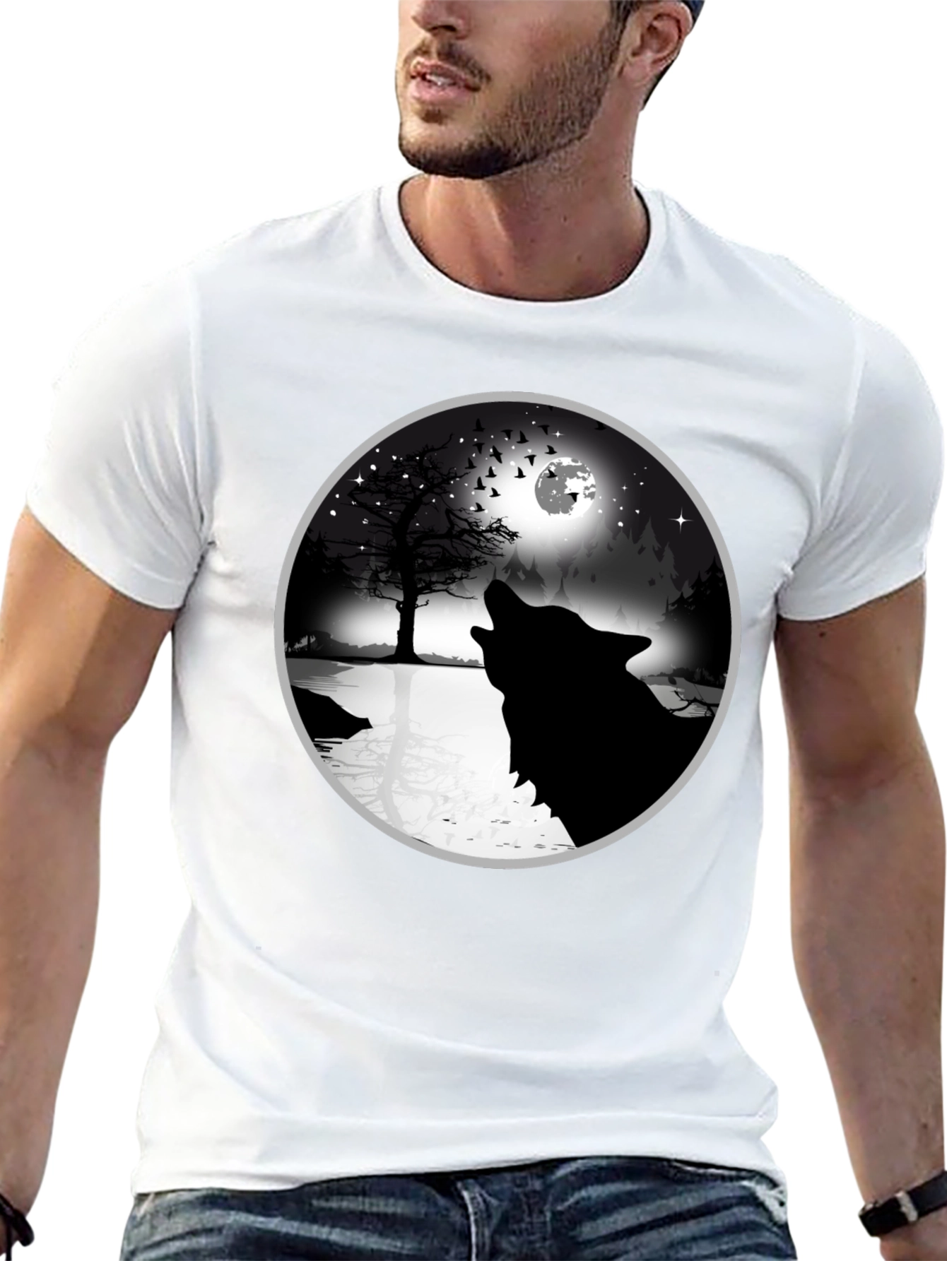 Black Wolf Howling at Moon Graphic Tee - Black view 13