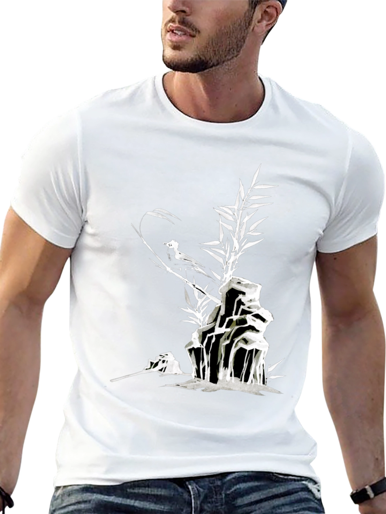 Black Men's Black T-Shirt with Bird and Bamboo Graphic view 13