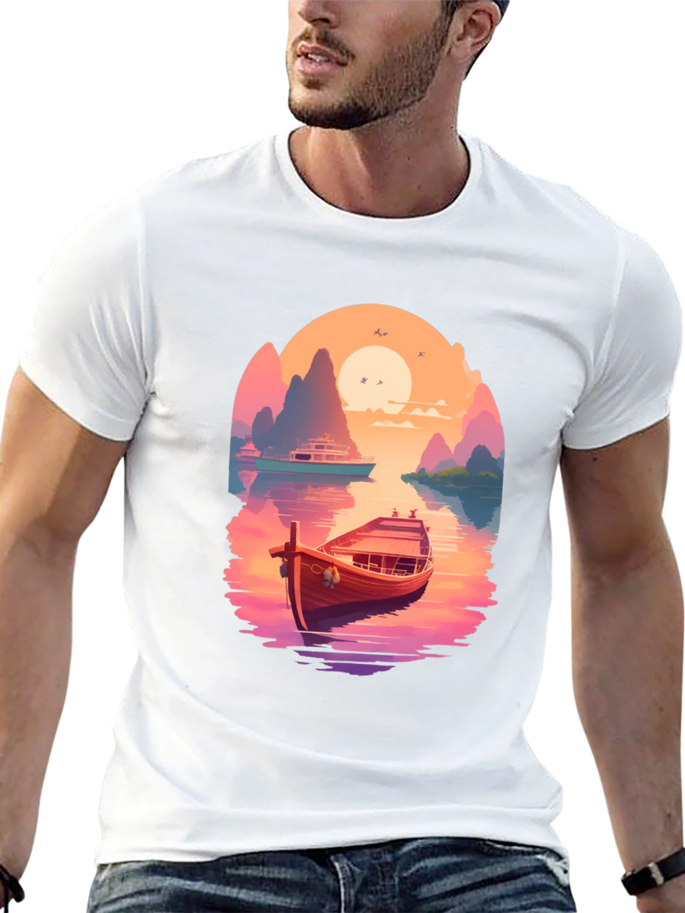 Boat Scene Graphic Tee - Retro Sunset Style - 13