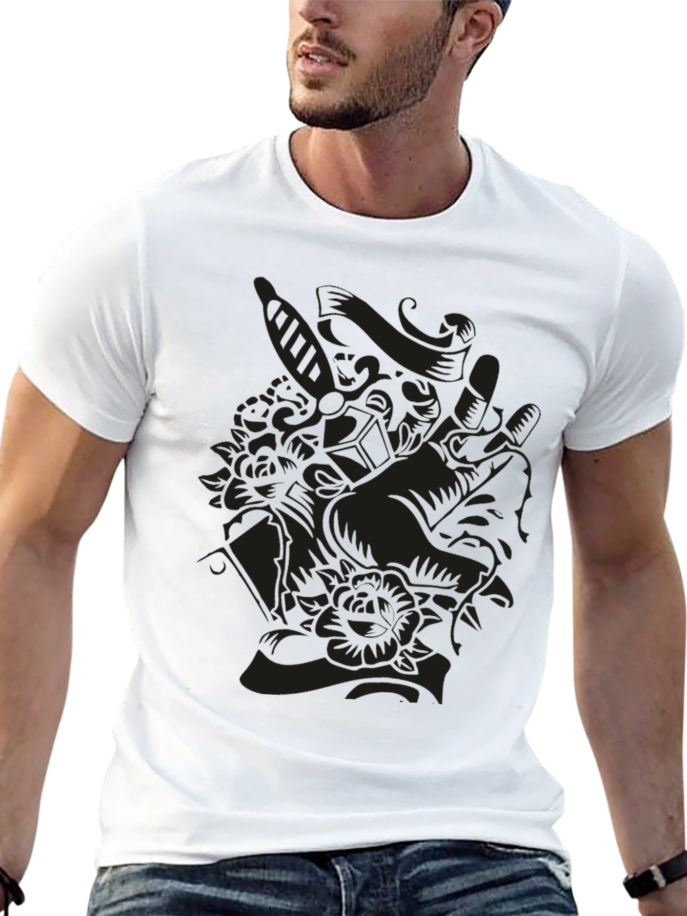 Black Dark Art Graphic Tee - Skull & Rose Design view 13