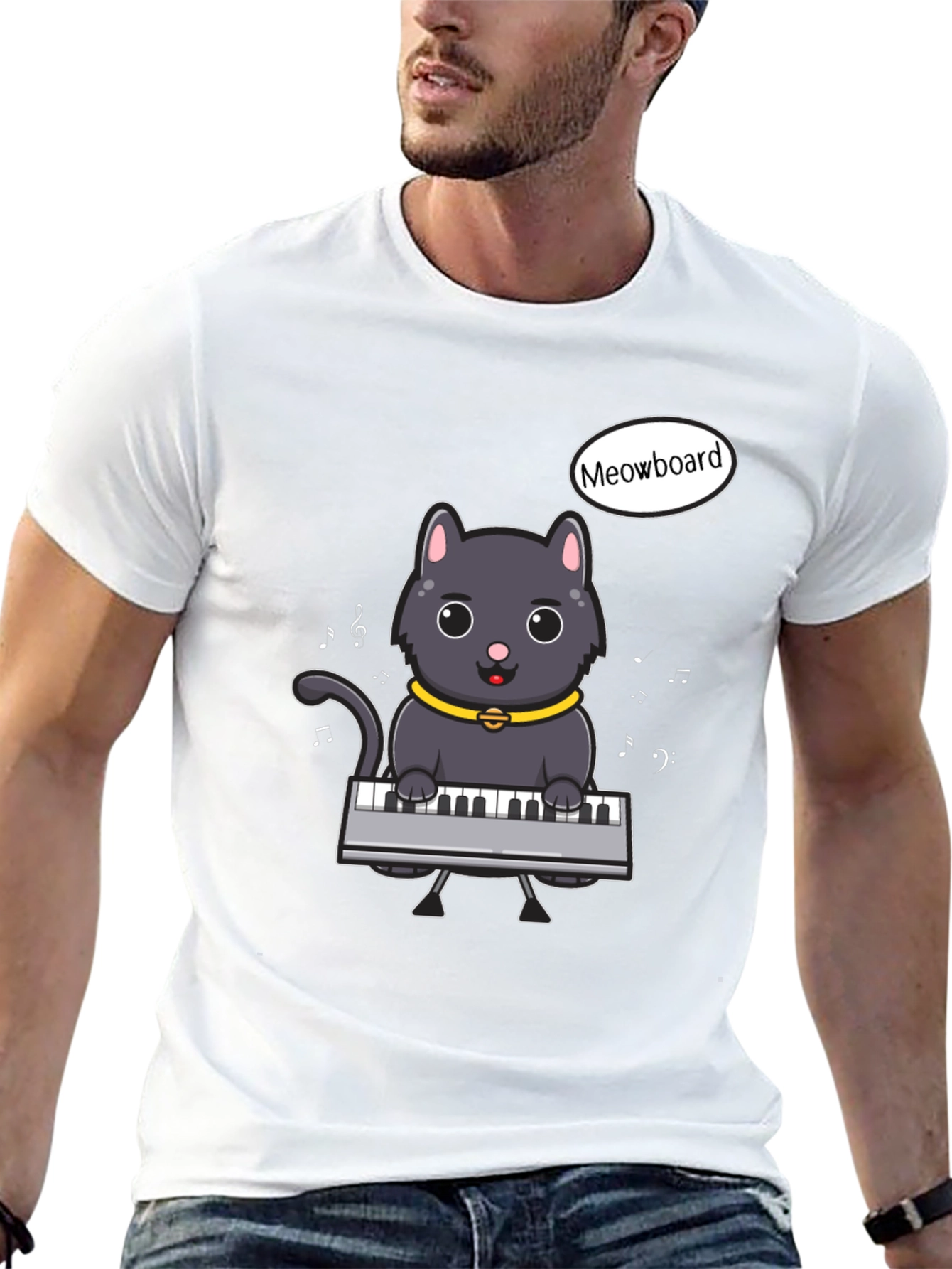Black Meowboard Cat Musician T-Shirt view 13