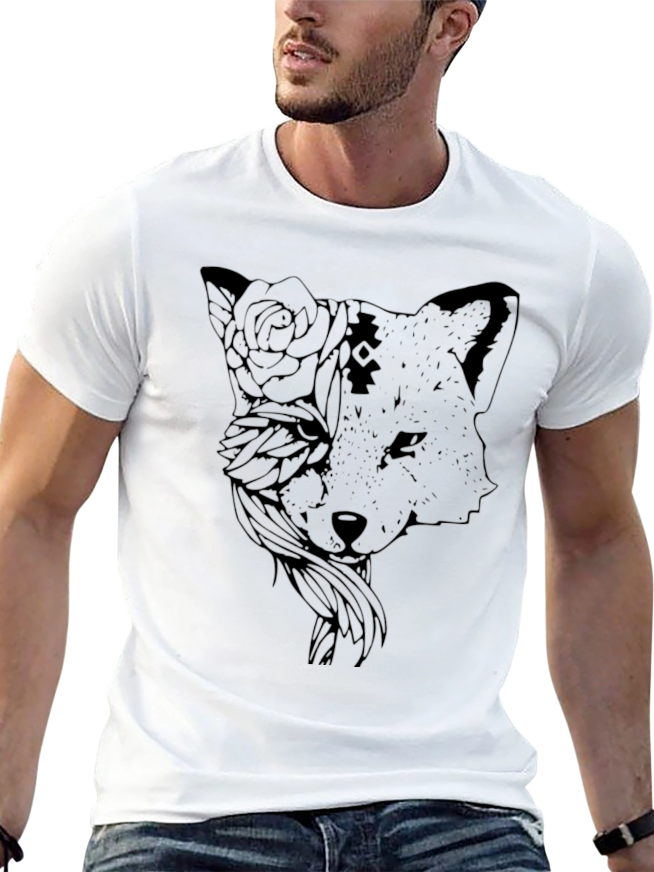 Black Fox and Floral Graphic Tee - Stylish Casual Wear view 13