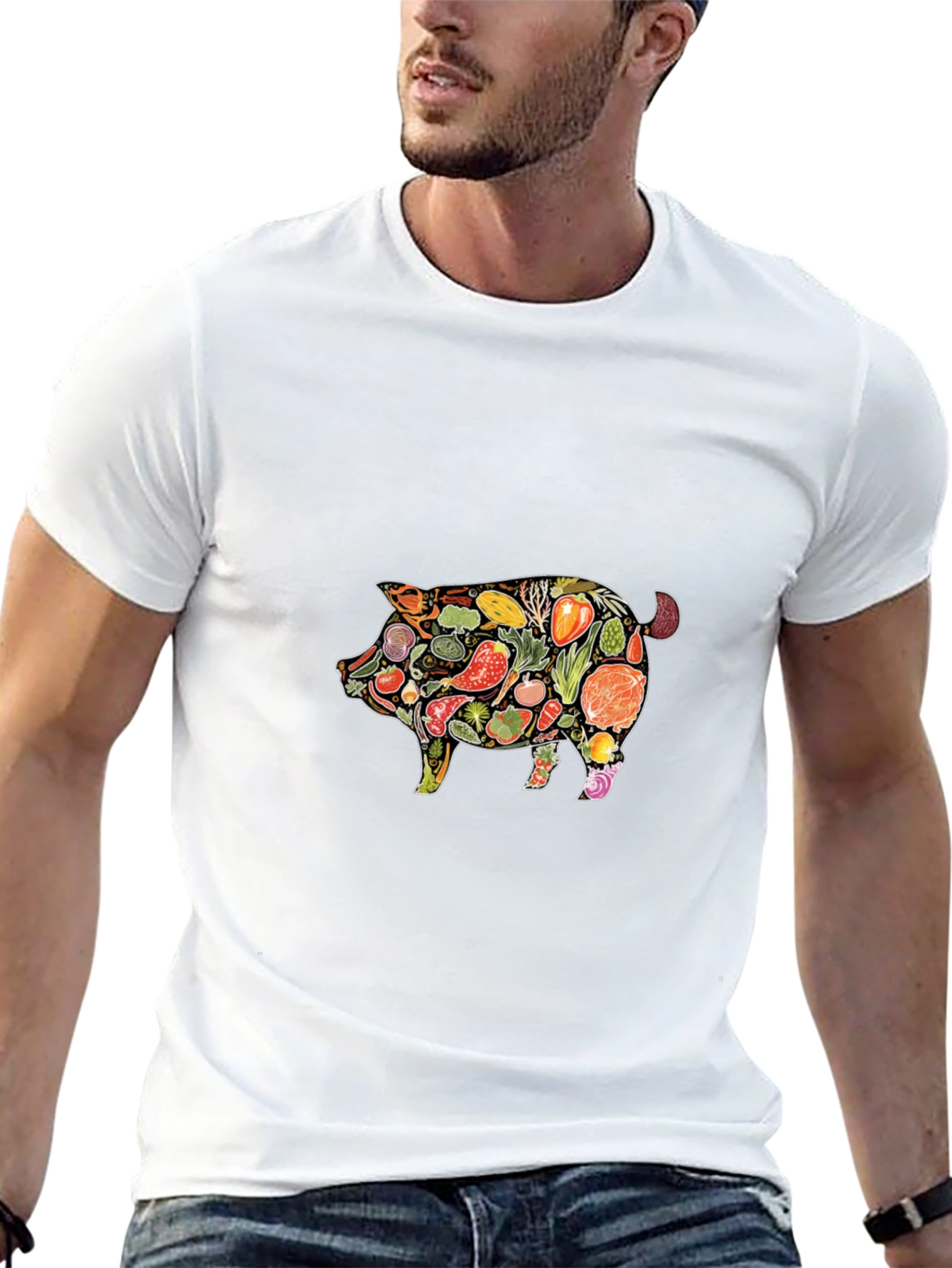 Black Veggie Pig Graphic T-Shirt - Unisex Black Tee view 13
