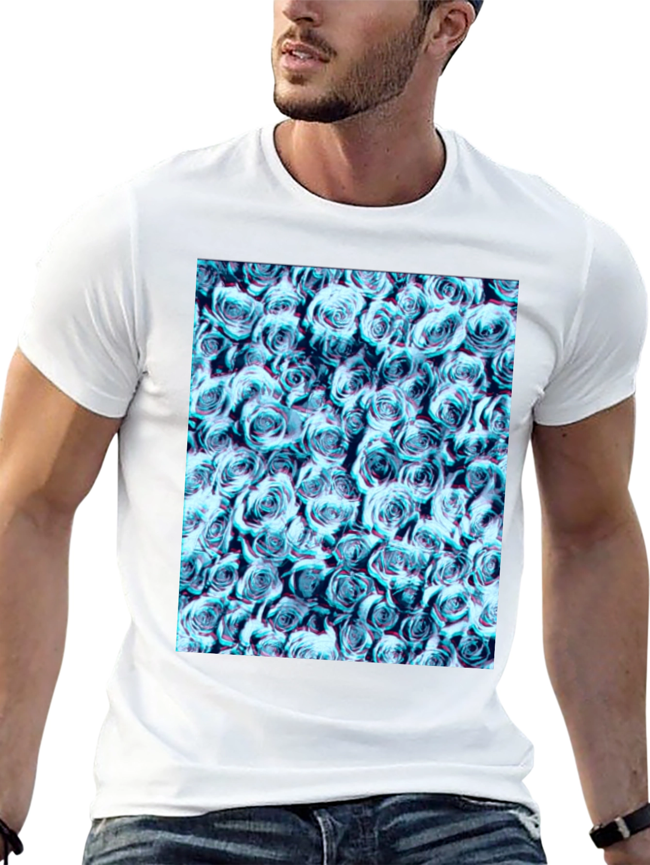 Black Blue Rose Print Black T-Shirt view 13