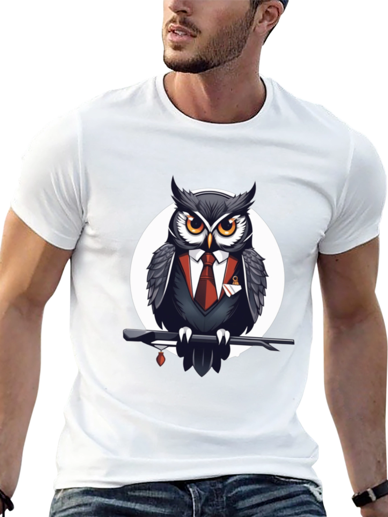 Black Owl in Suit Graphic Tee - Stylish Men's Black T-Shirt view 13