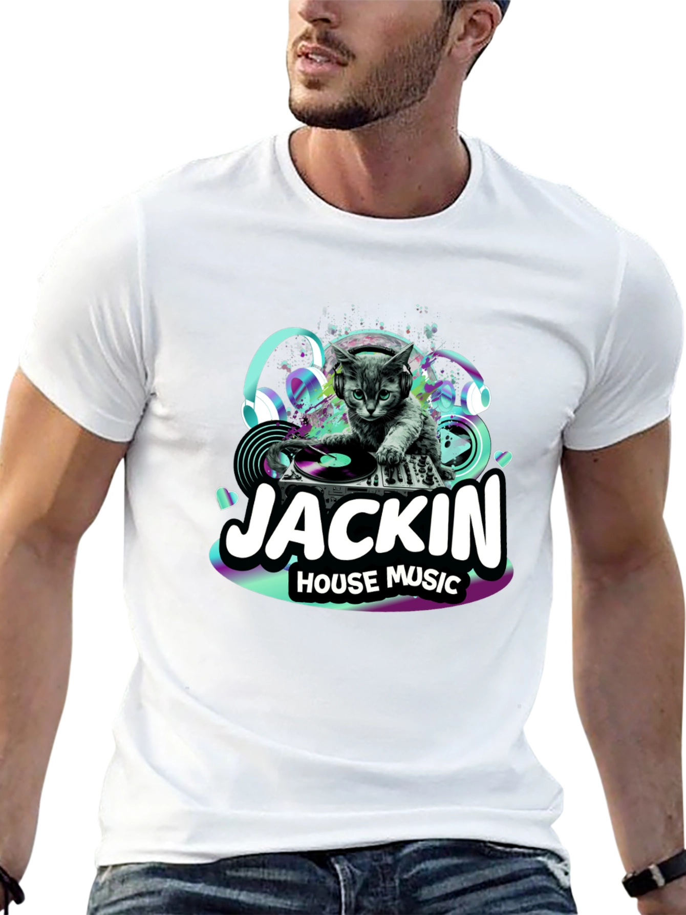 Black DJ Cat T-Shirt - "Jackin' House Music" view 13