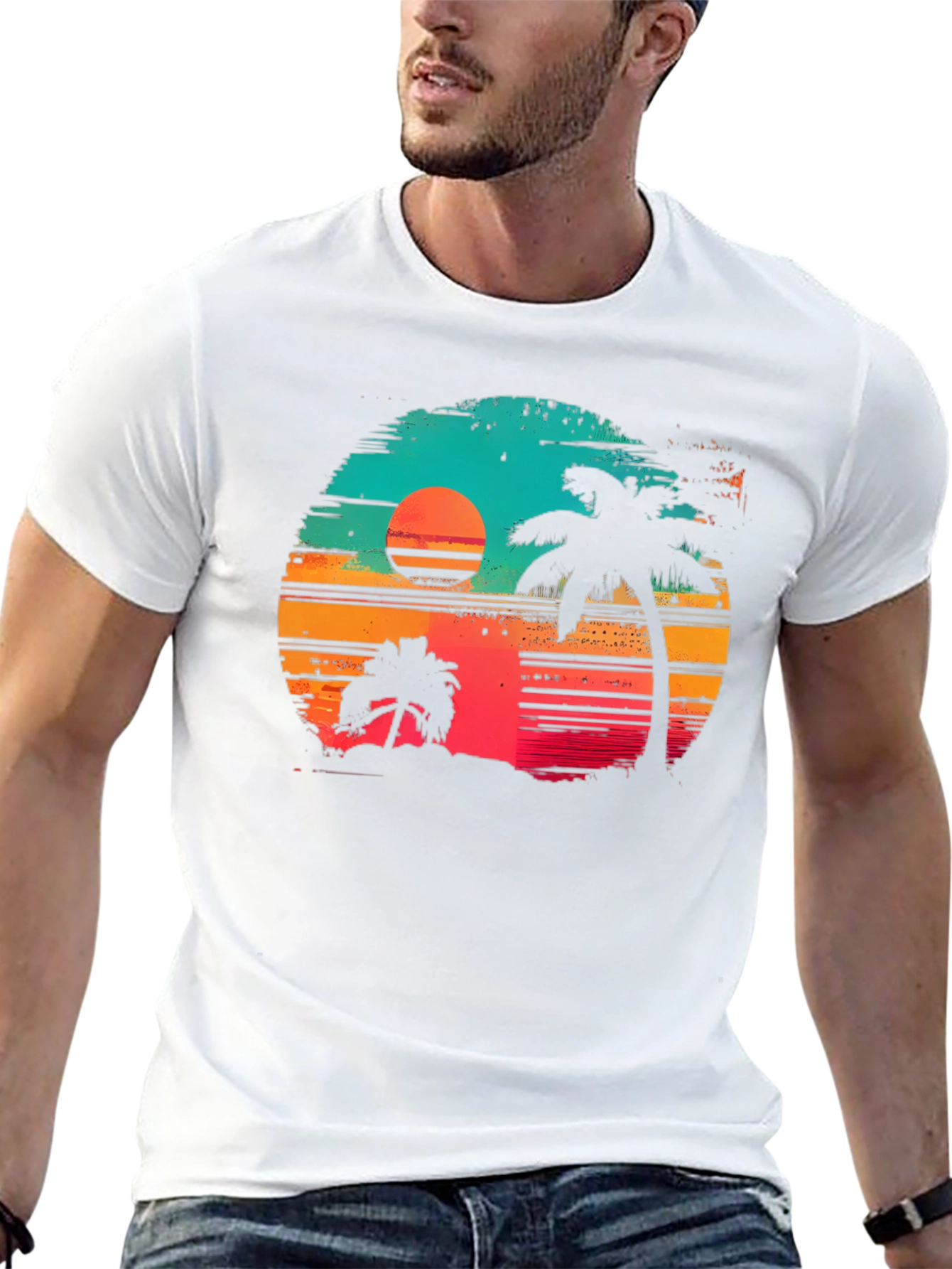Black Retro Sunset Palm Tree Graphic T-Shirt view 13