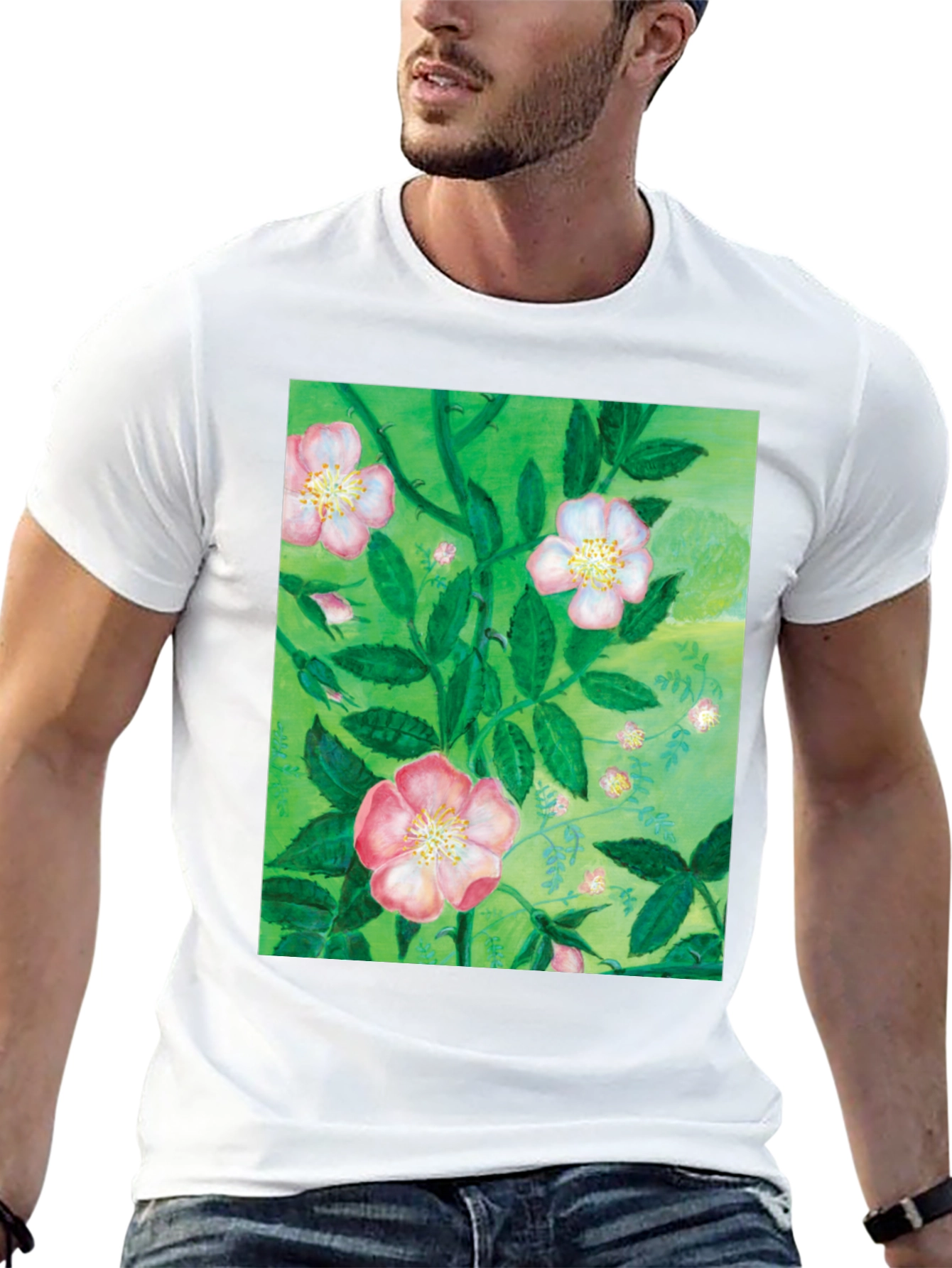 Black Floral Print T-Shirt - Artistic Botanical Design view 13