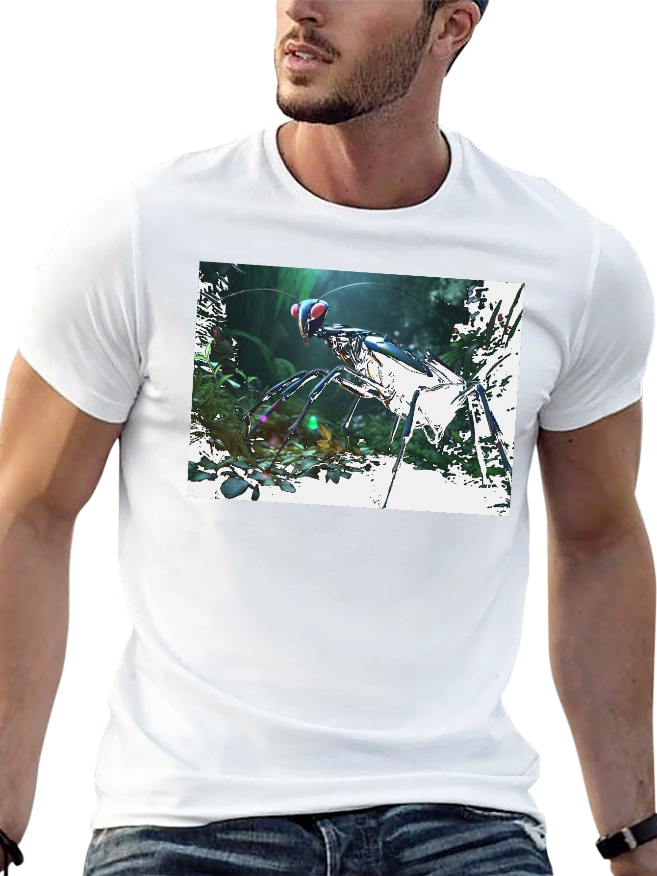 Black Futuristic Praying Mantis Graphic T-Shirt view 13