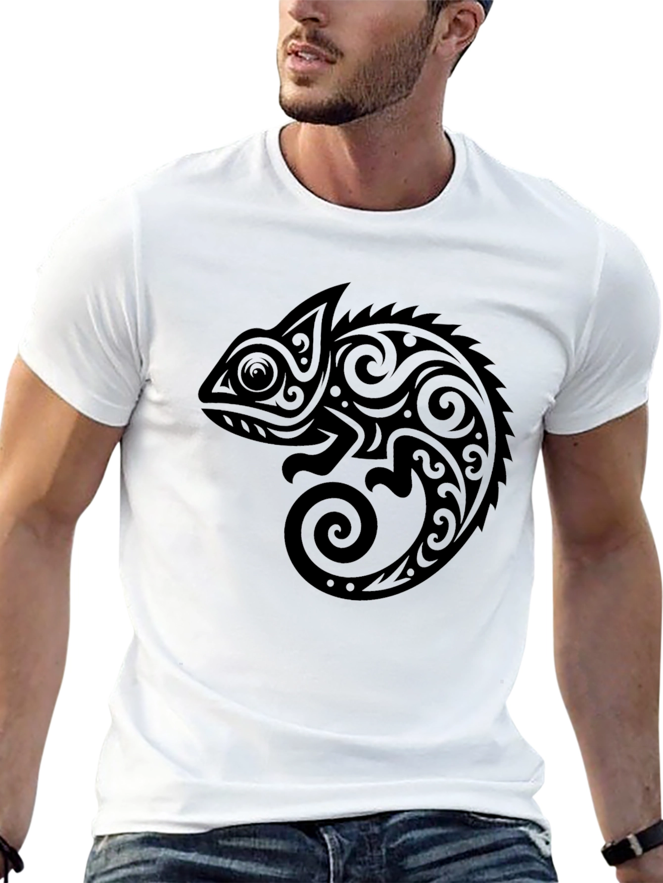 Black Tribal Chameleon Graphic T-Shirt - Black view 13