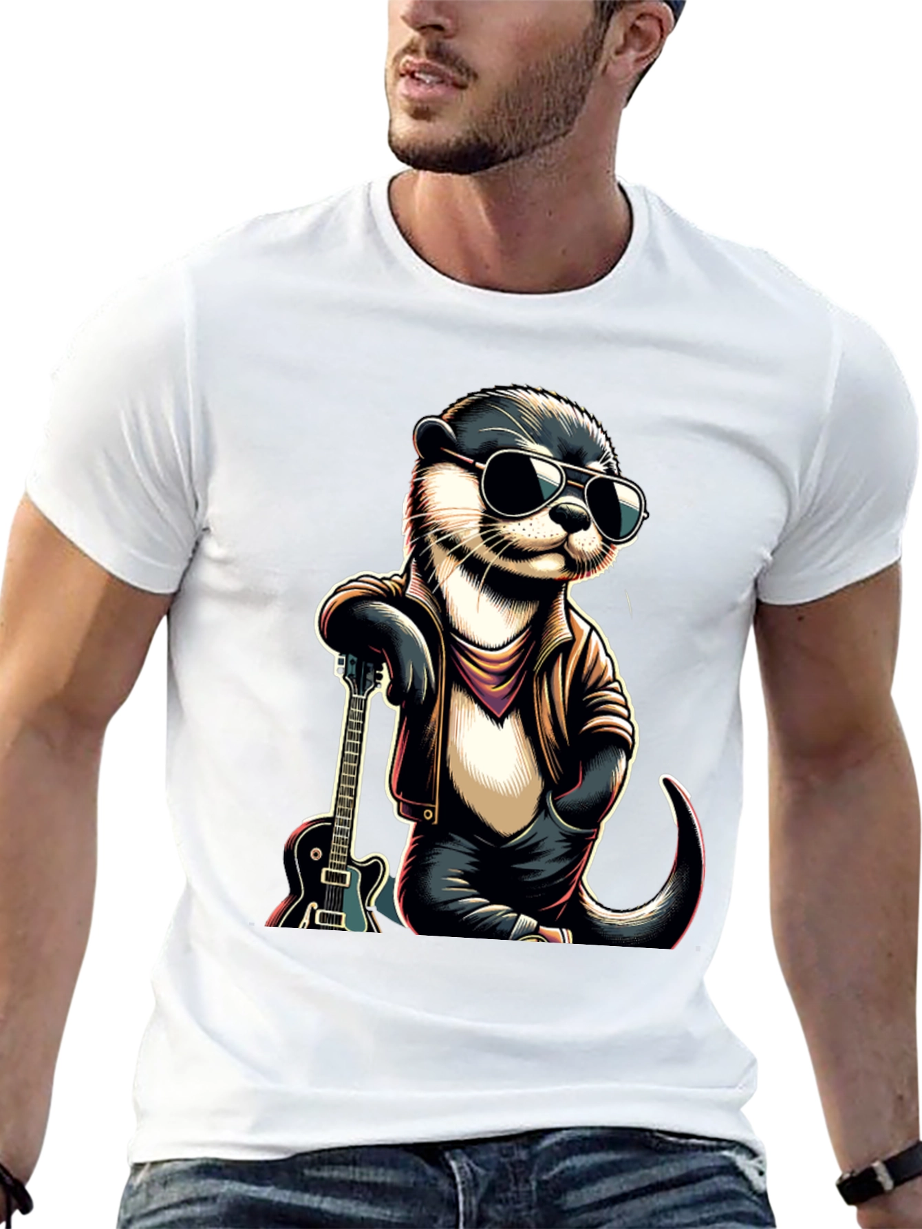 Black Cool Otter Guitarist Graphic Tee view 13