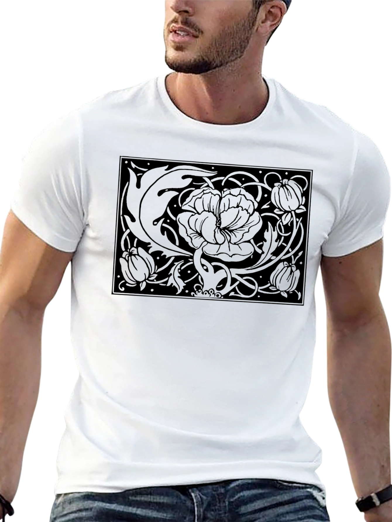 Black Floral Art Nouveau Graphic Black T-Shirt view 13