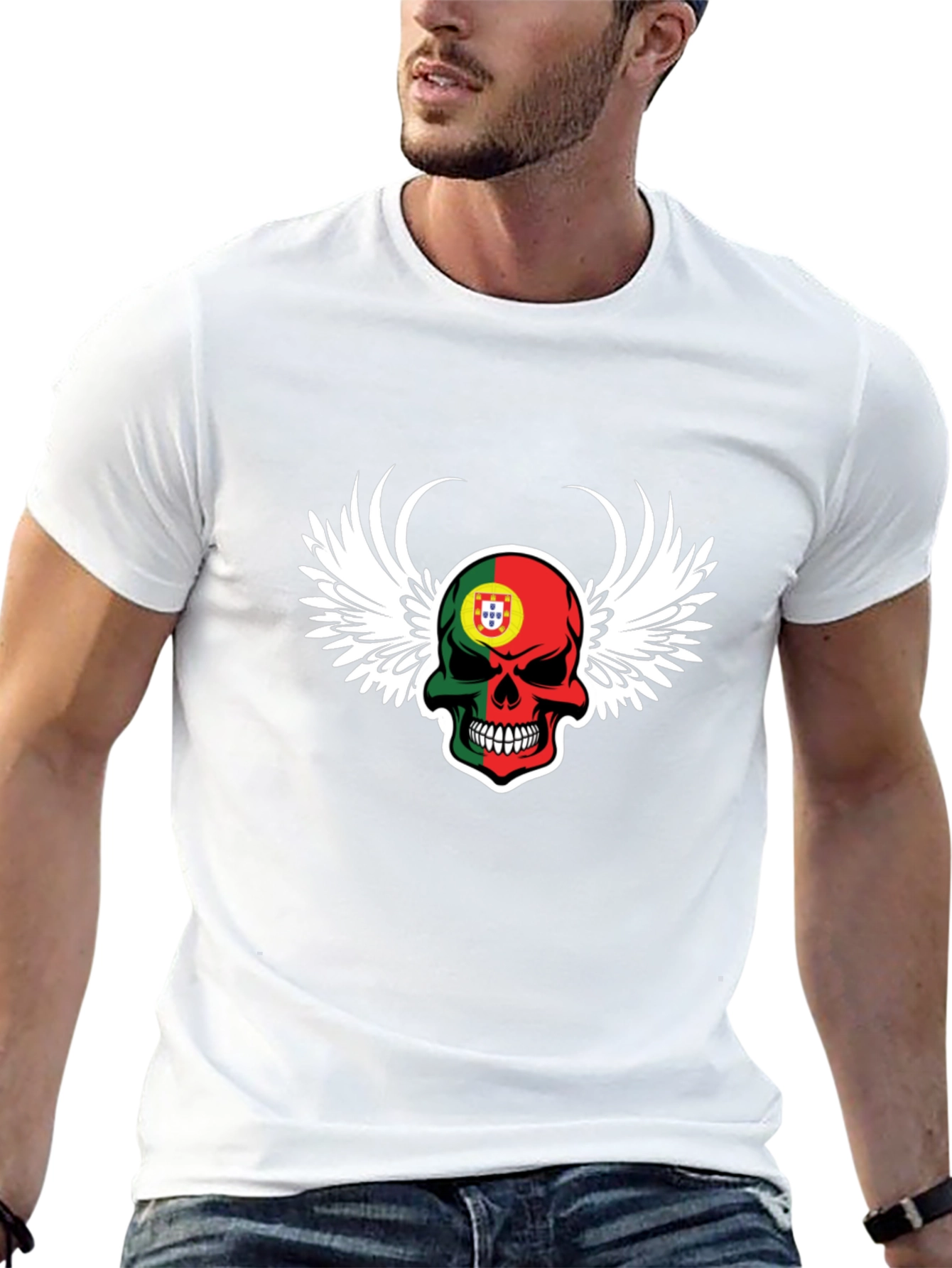 Black Portugal Flag Skull Wings T-Shirt - Men's Black Tee view 13