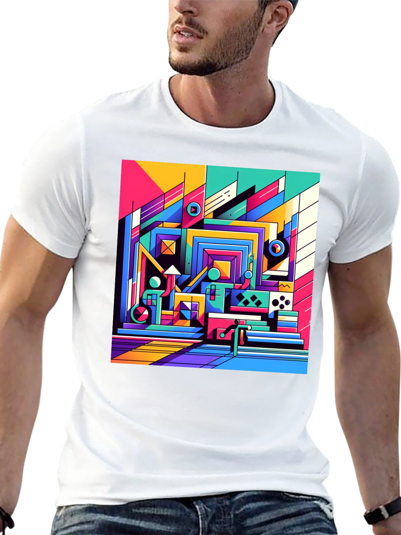 Black Retro Geometric Art T-Shirt - Bold Colorful Design view 13