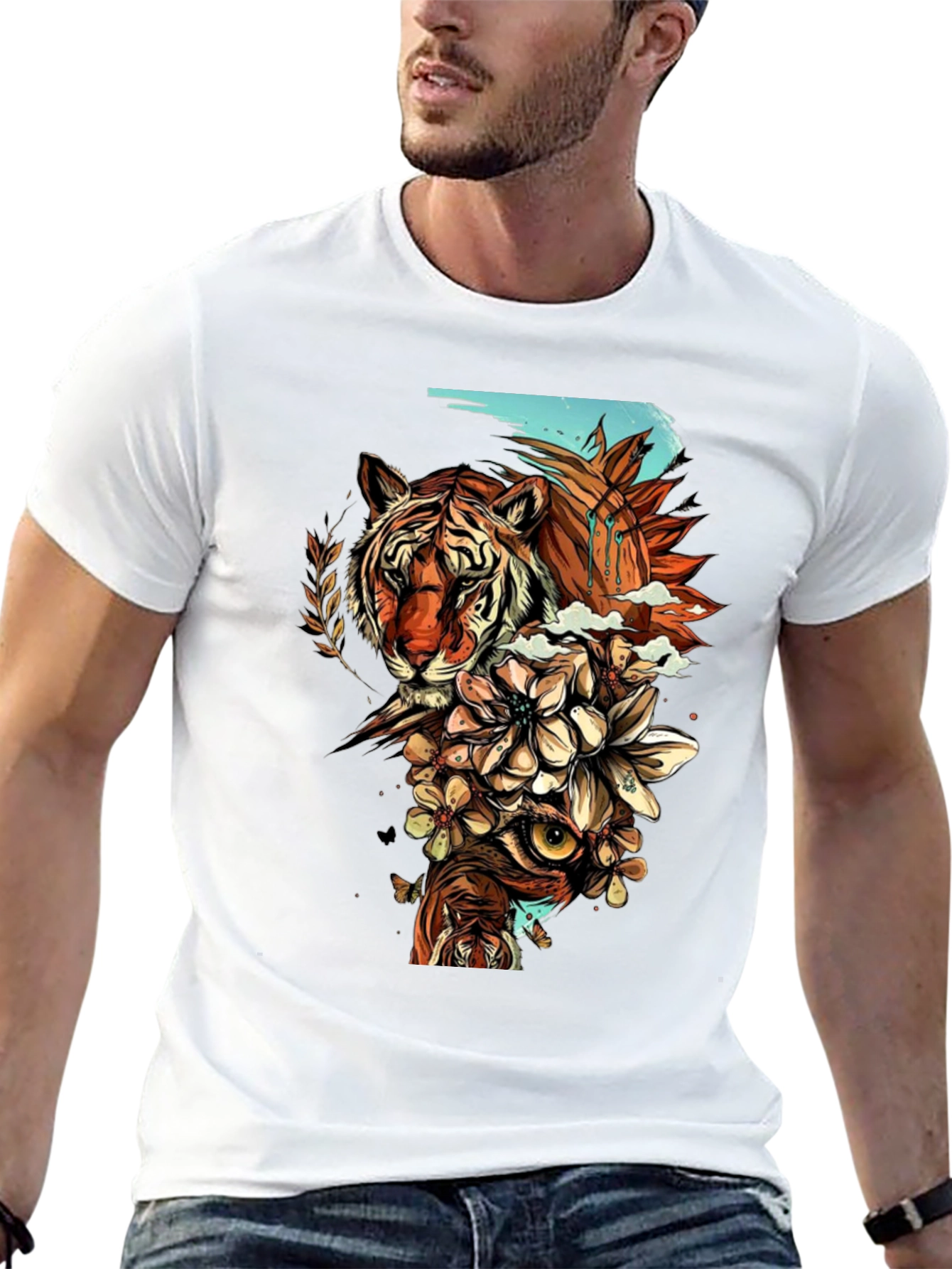 Black Tiger & Owl Graphic Print Black T-Shirt view 13