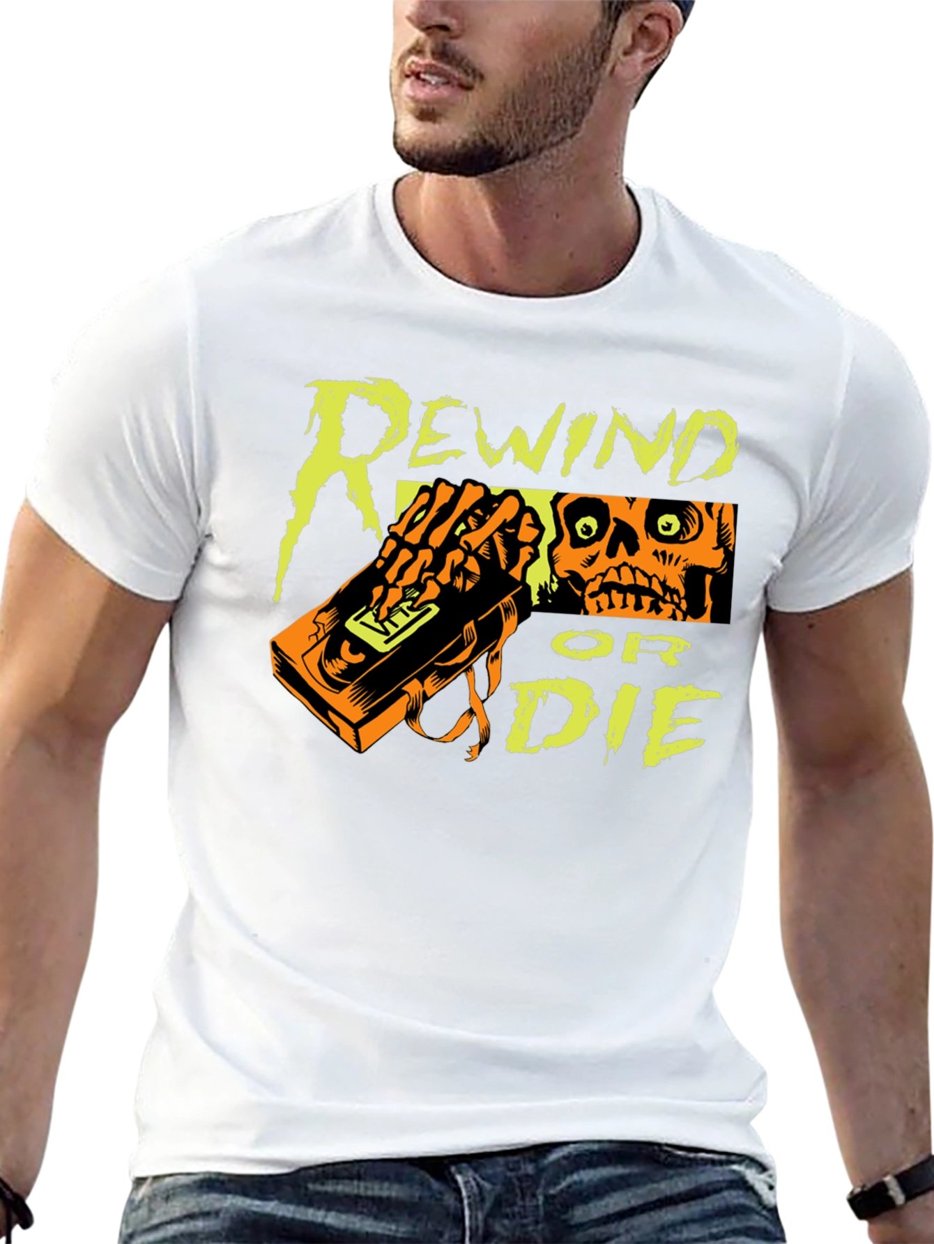 Black Rewind or Die Graphic Tee - VHS Tape Skull T-Shirt view 13