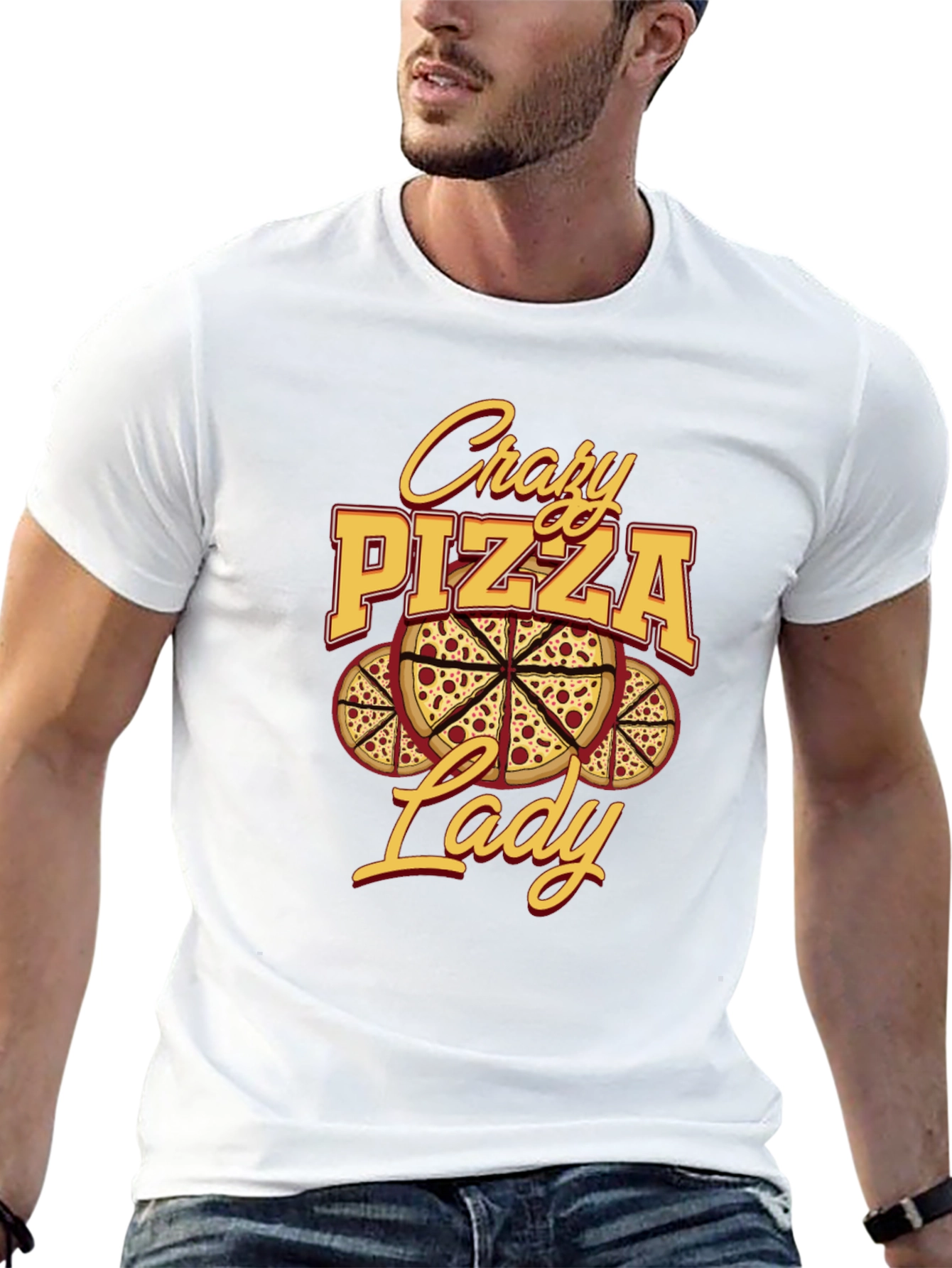 Black Crazy Pizza Lady Graphic Tee - Unisex Black T-Shirt view 13