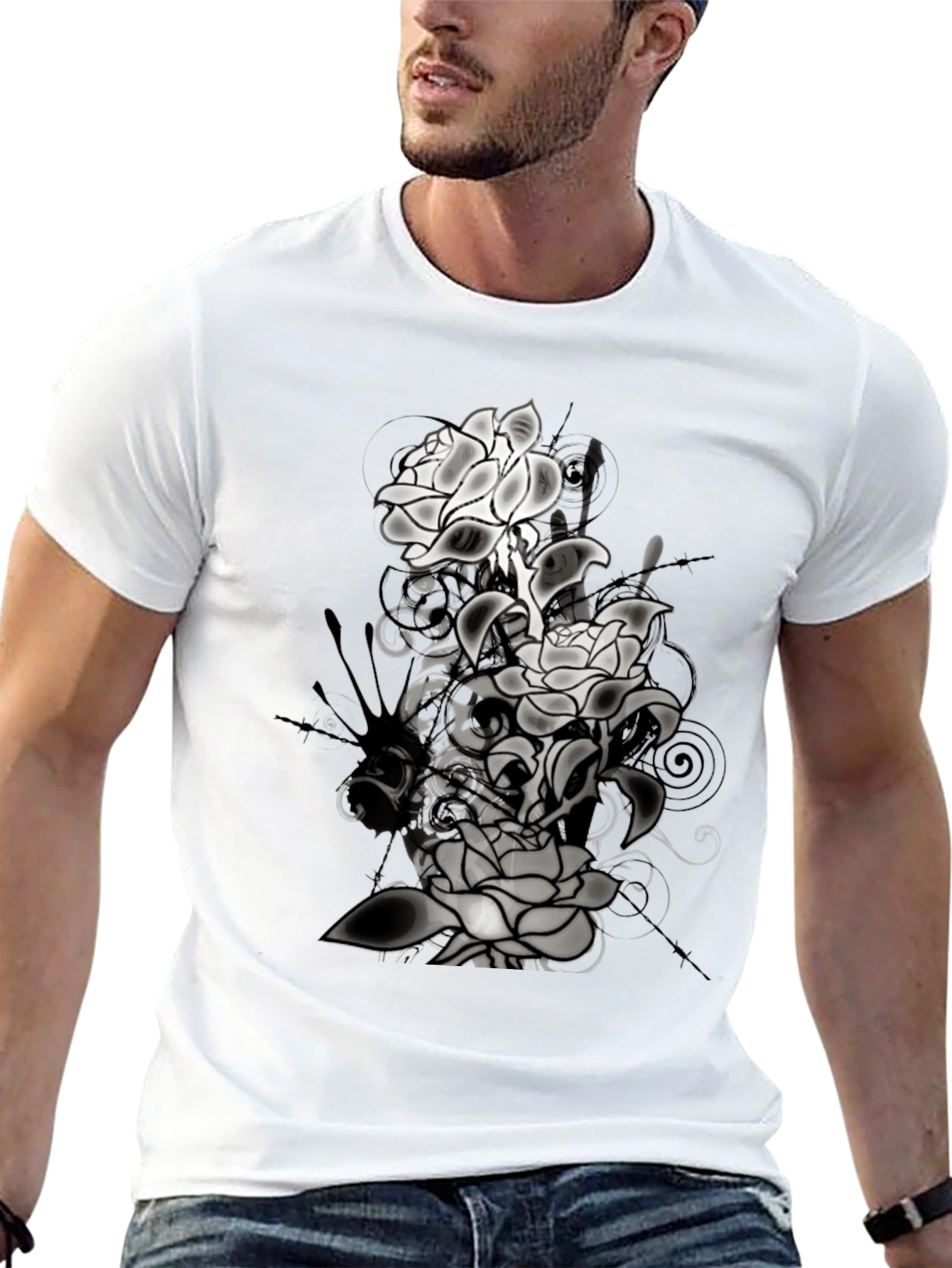 Black Floral Graphic T-Shirt - Men's Black Tee view 13