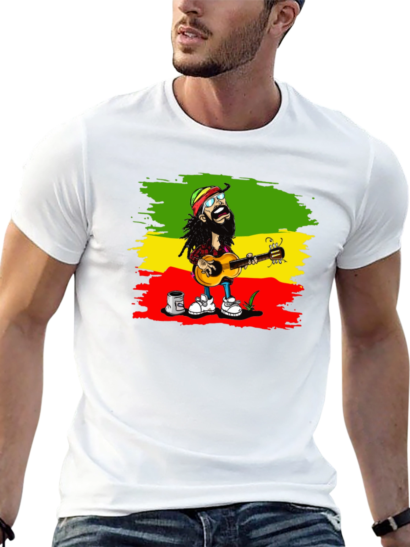 Black Rasta Cartoon Guitarist T-Shirt view 13