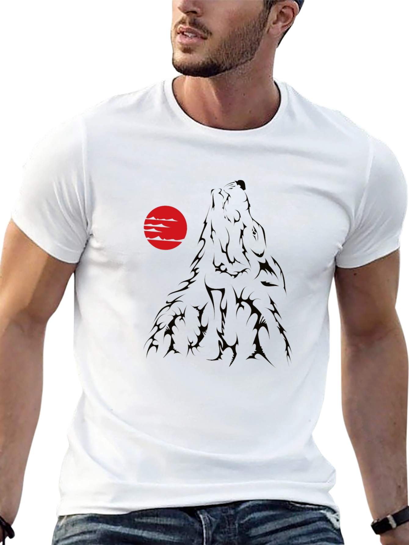 Black Wolf Howling at Red Moon Black T-Shirt view 13
