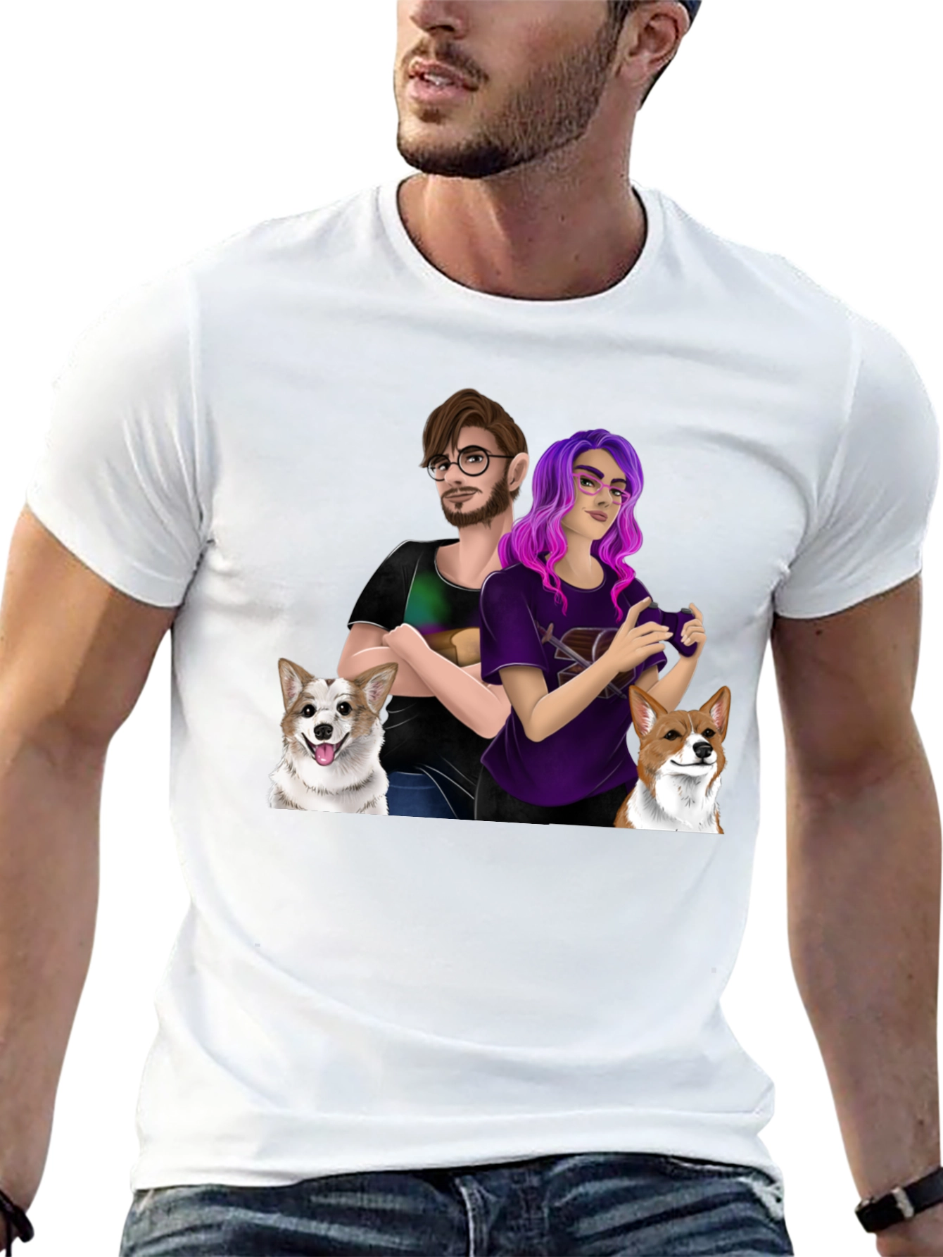 Custom Cartoon Couple & Dogs T-Shirt - 13